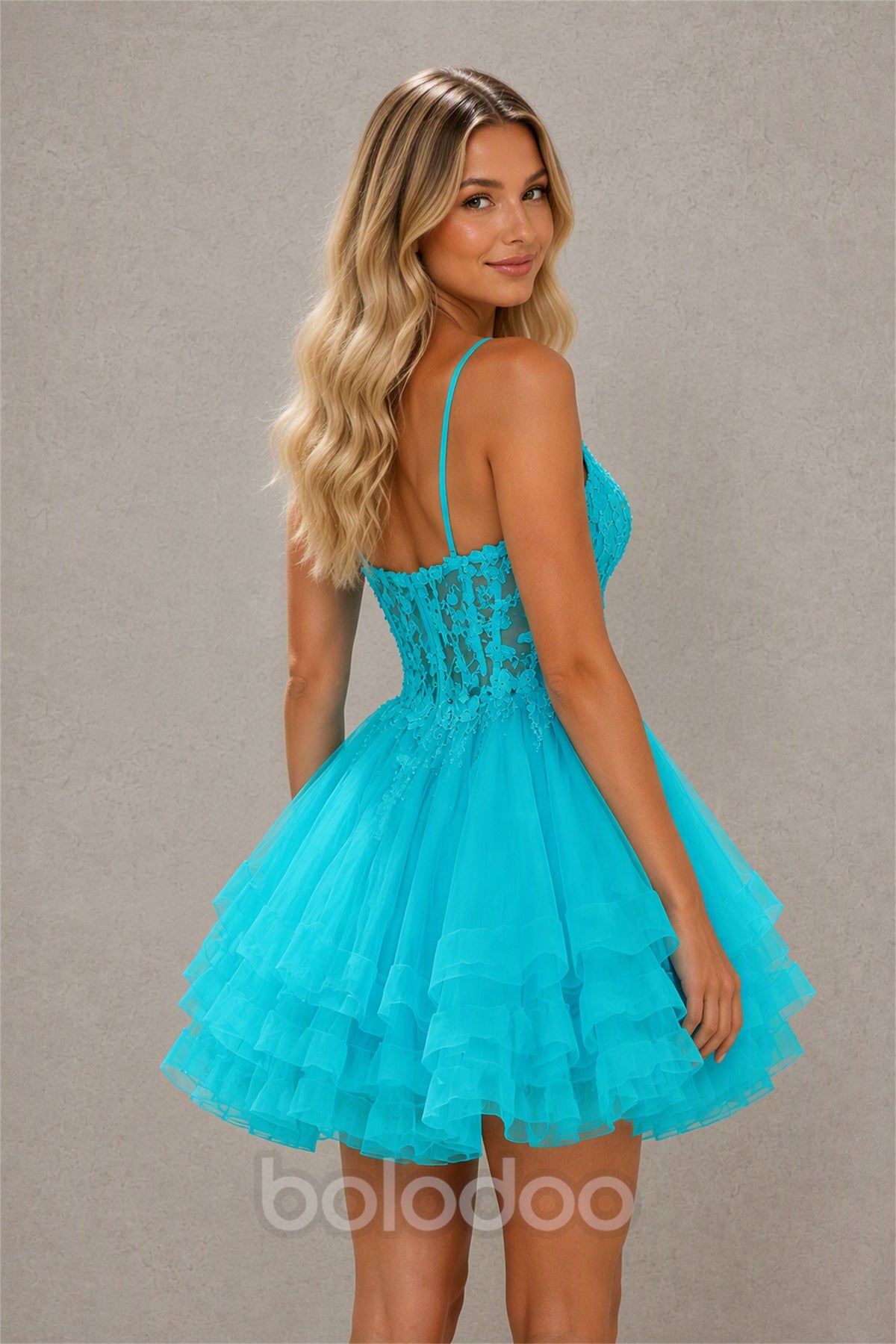 BOLODOO Turquoise 3D Floral Lace Corset Deep V Spaghetti Strap Tiered Tulle Mini Dress - Turquoise | BOLODOO watermark