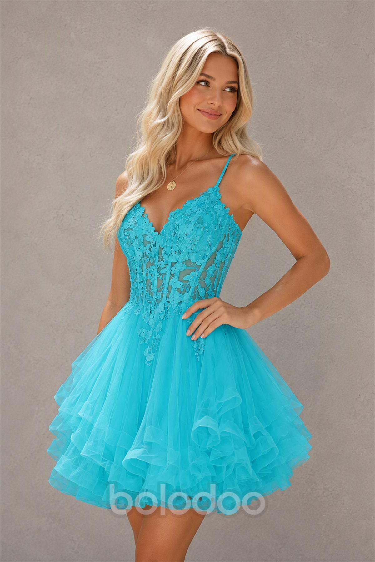 BOLODOO Turquoise 3D Floral Lace Corset Deep V Spaghetti Strap Tiered Tulle Mini Dress - Turquoise | BOLODOO watermark