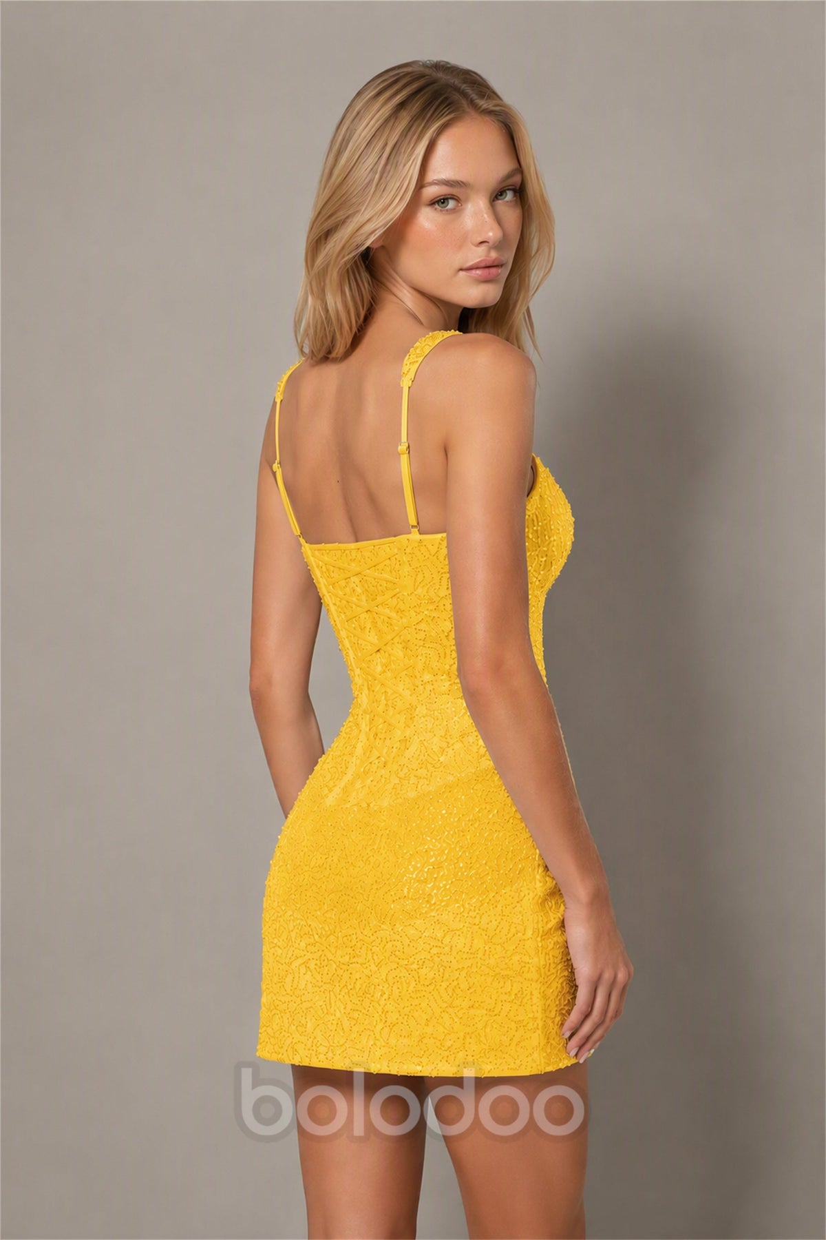 BOLODOO Yellow Iridescent Sequin Lace Square Neck Wide Strap Bodycon Mini Dress | Bachelorette Party Club Night Dress - Yellow | BOLODOO watermark
