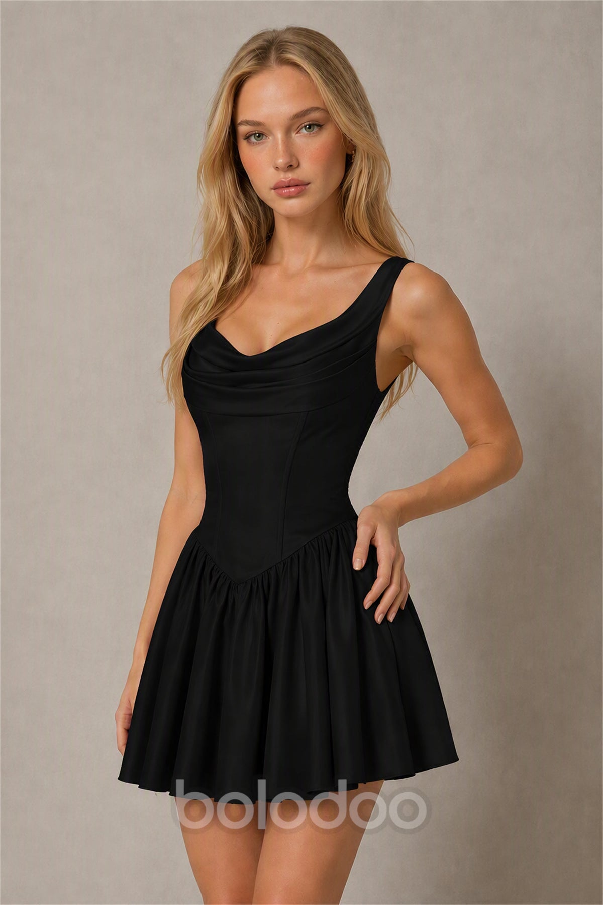 BOLODOO Black Satin Cowl Neck Wide Strap Corset Lace-Up Back Fit and Flare Mini Dress | Prom Cocktail Date Night Dress - Black | BOLODOO watermark
