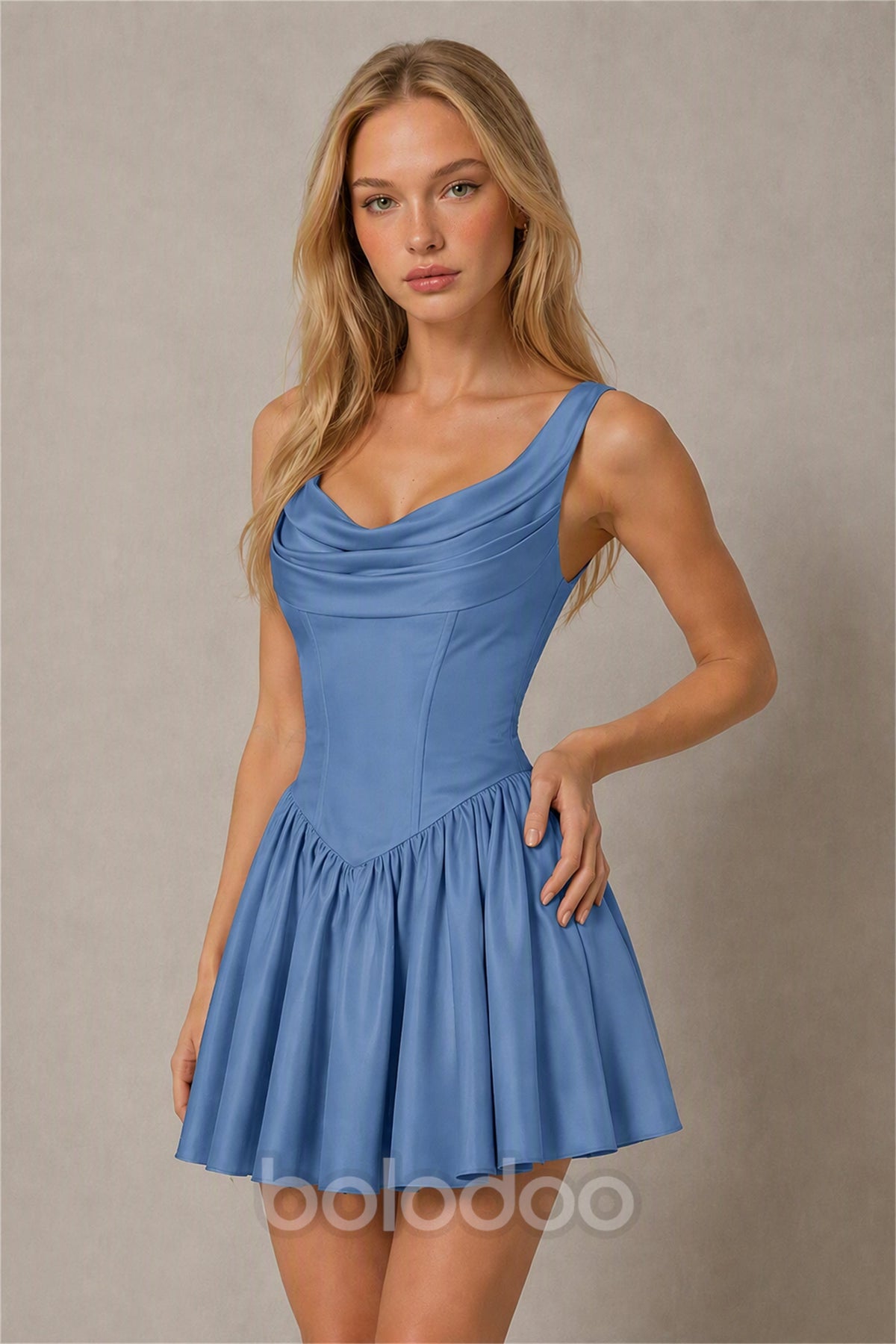 BOLODOO Dusty Blue Satin Cowl Neck Wide Strap Corset Lace-Up Back Fit and Flare Mini Dress | Prom Cocktail Date Night Dress - Dusty Blue | BOLODOO watermark