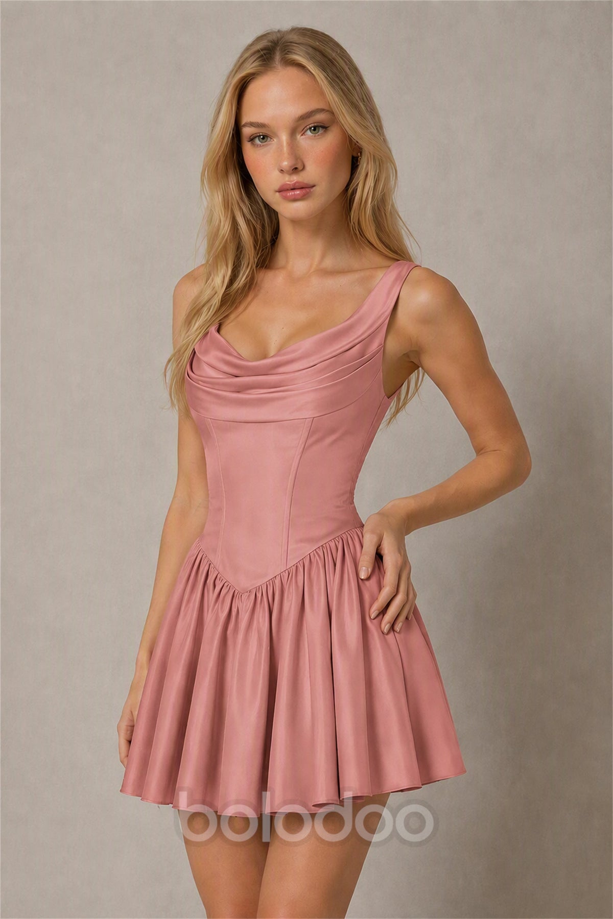 BOLODOO Dusty Rose Satin Cowl Neck Wide Strap Corset Lace-Up Back Fit and Flare Mini Dress | Prom Cocktail Date Night Dress - Dusty Rose | BOLODOO watermark