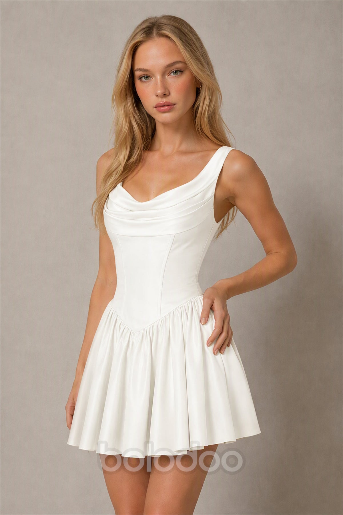 BOLODOO Ivory Satin Cowl Neck Wide Strap Corset Lace-Up Back Fit and Flare Mini Dress | Prom Cocktail Date Night Dress - Ivory | BOLODOO watermark