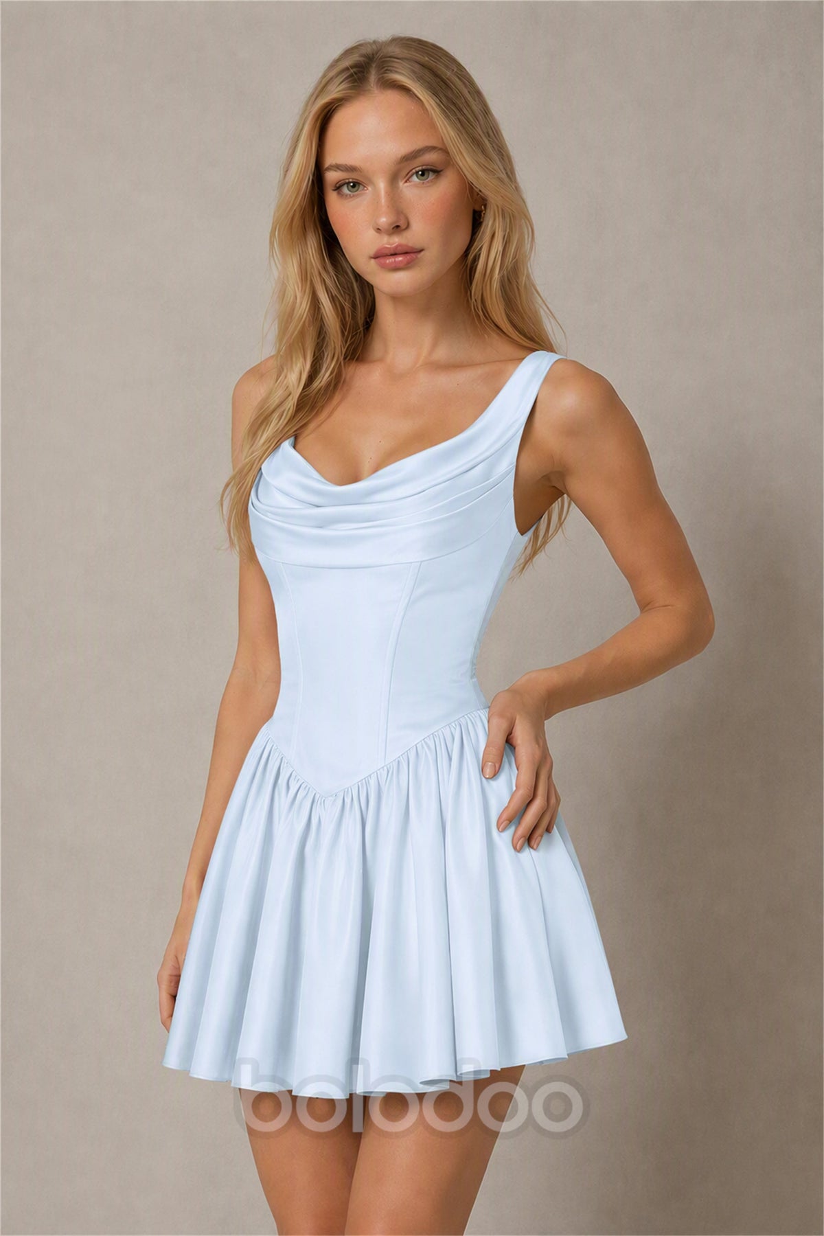 BOLODOO Light Blue Satin Cowl Neck Wide Strap Corset Lace-Up Back Fit and Flare Mini Dress | Prom Cocktail Date Night Dress - Light Blue | BOLODOO watermark