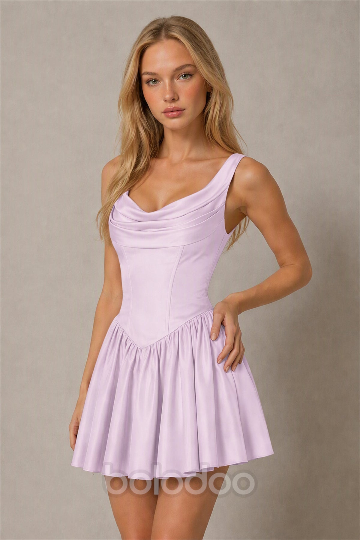 BOLODOO Lilac Satin Cowl Neck Wide Strap Corset Lace-Up Back Fit and Flare Mini Dress | Prom Cocktail Date Night Dress - Lilac | BOLODOO watermark
