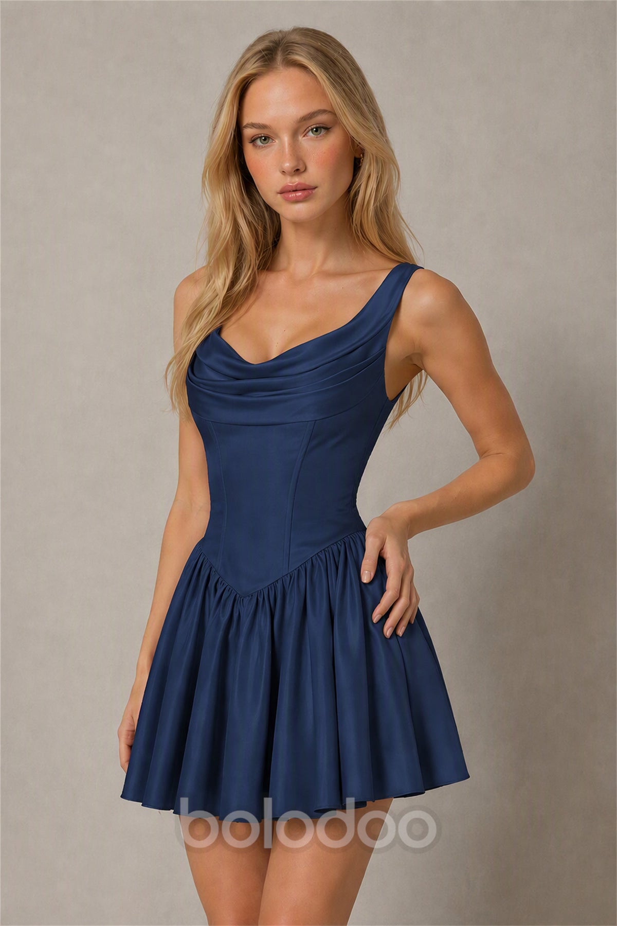 BOLODOO Navy Blue Satin Cowl Neck Wide Strap Corset Lace-Up Back Fit and Flare Mini Dress | Prom Cocktail Date Night Dress - Navy Blue | BOLODOO watermark