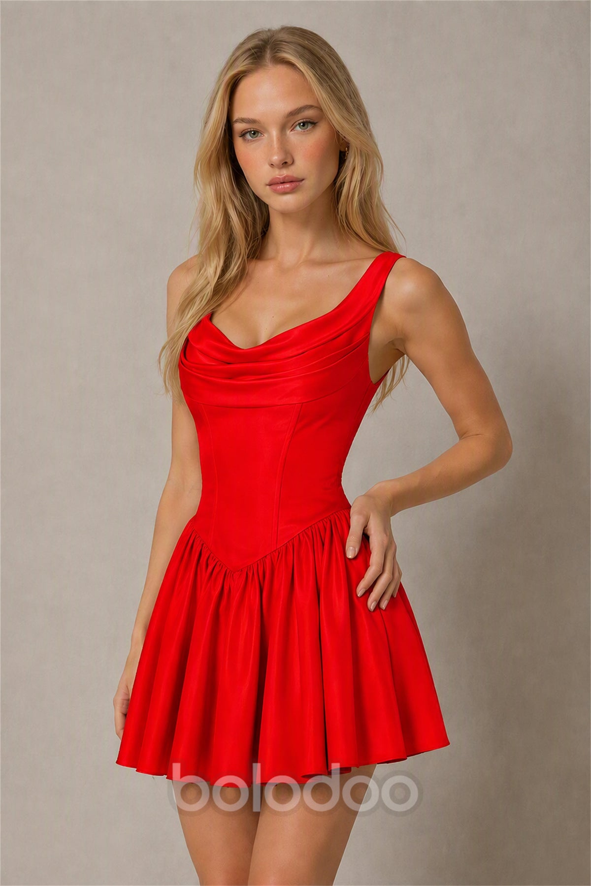 BOLODOO Red Satin Cowl Neck Wide Strap Corset Lace-Up Back Fit and Flare Mini Dress | Prom Cocktail Date Night Dress - Red | BOLODOO watermark