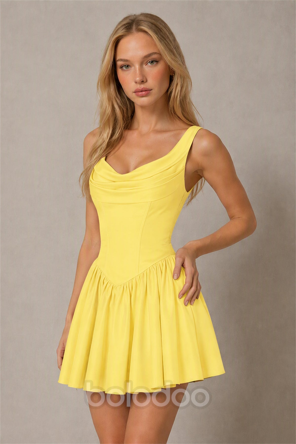 BOLODOO Yellow Satin Cowl Neck Wide Strap Corset Lace-Up Back Fit and Flare Mini Dress | Prom Cocktail Date Night Dress - Yellow | BOLODOO watermark