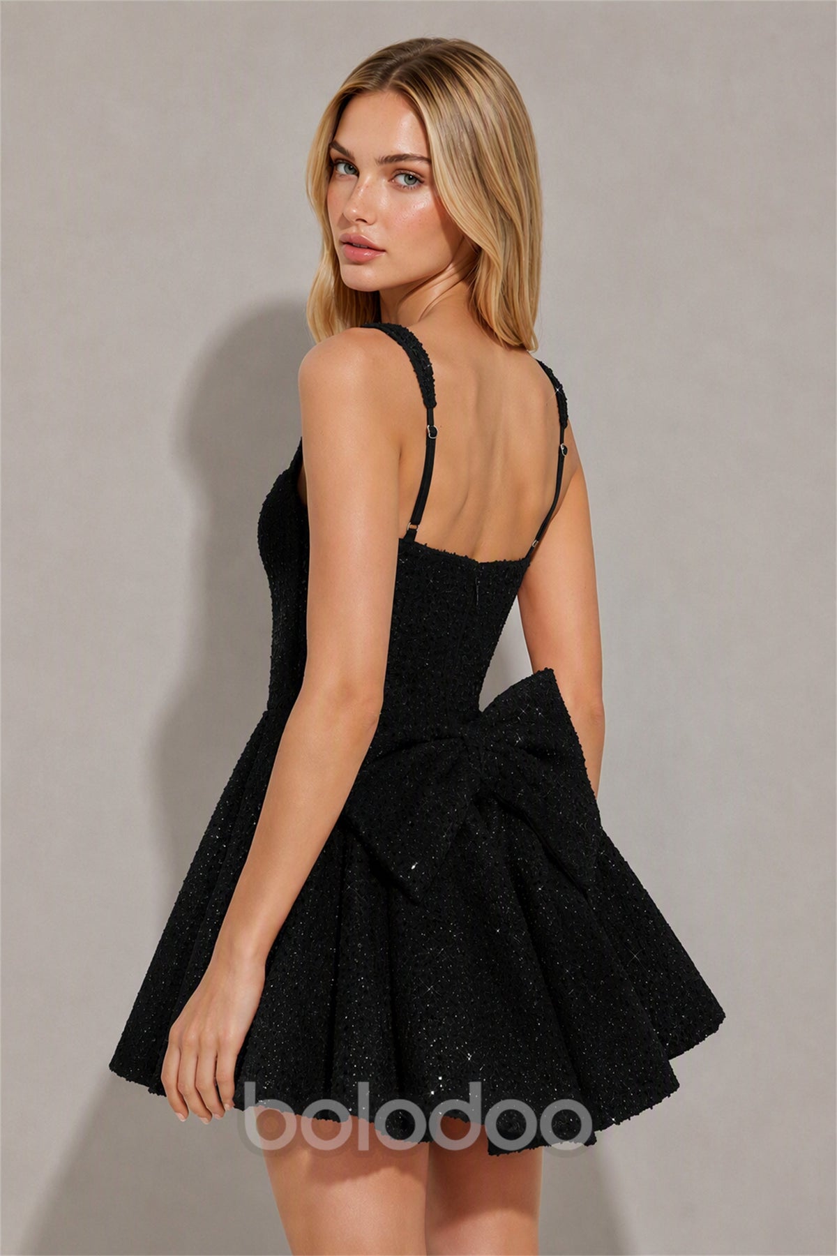 BOLODOO Black Sequin Square Neck Wide Strap Bow Waist Open Back Fit and Flare Mini Dress | Prom Birthday Party Dress - Black | BOLODOO watermark