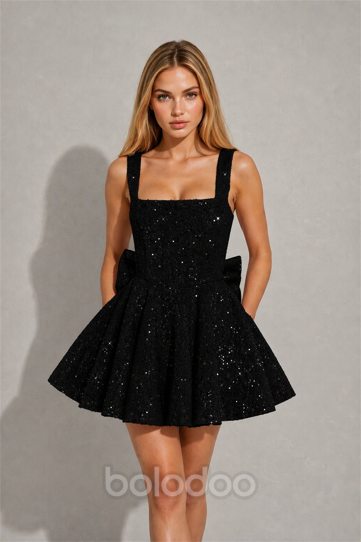 BOLODOO Black Sequin Square Neck Wide Strap Bow Waist Open Back Fit and Flare Mini Dress | Prom Birthday Party Dress - Black | BOLODOO watermark