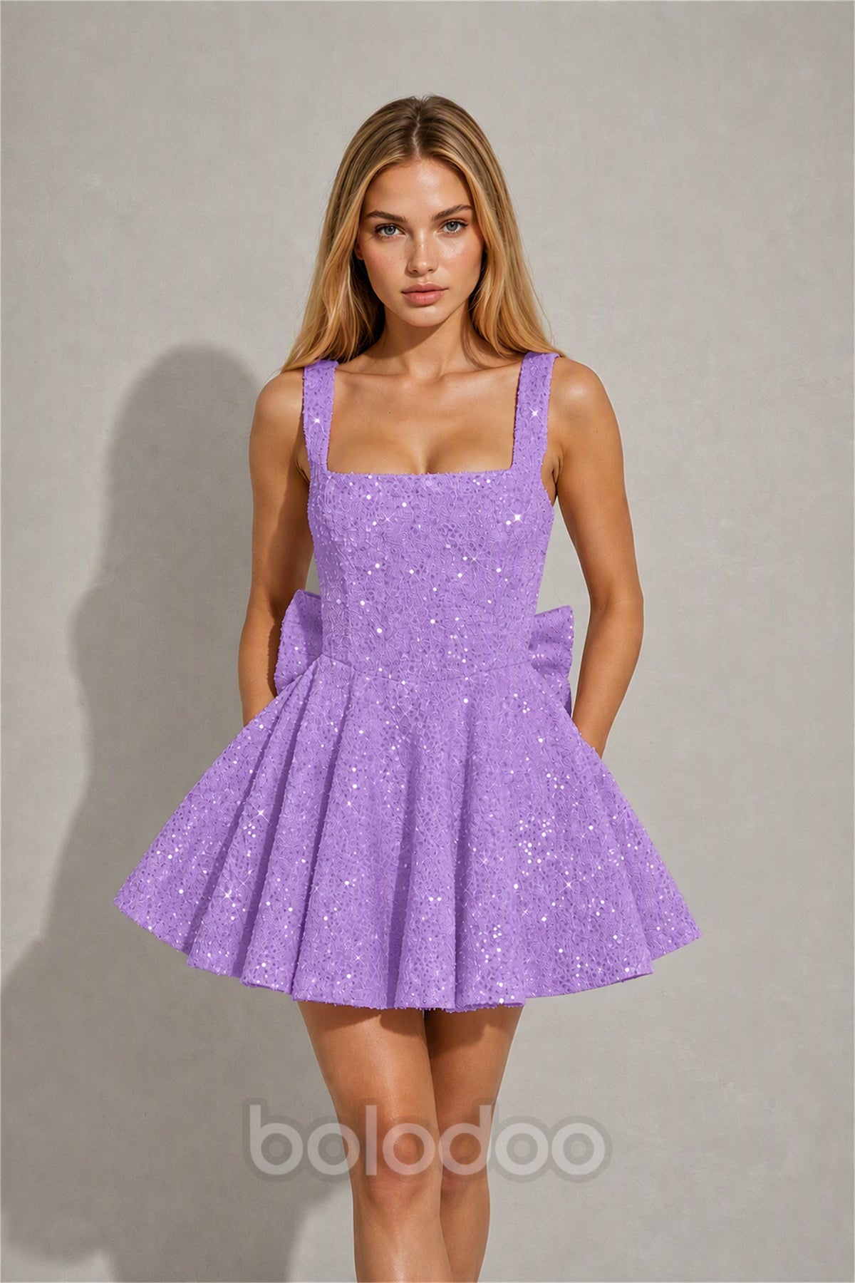 BOLODOO Lavender Sequin Square Neck Wide Strap Bow Waist Open Back Fit and Flare Mini Dress | Prom Birthday Party Dress - Lavender | BOLODOO watermark