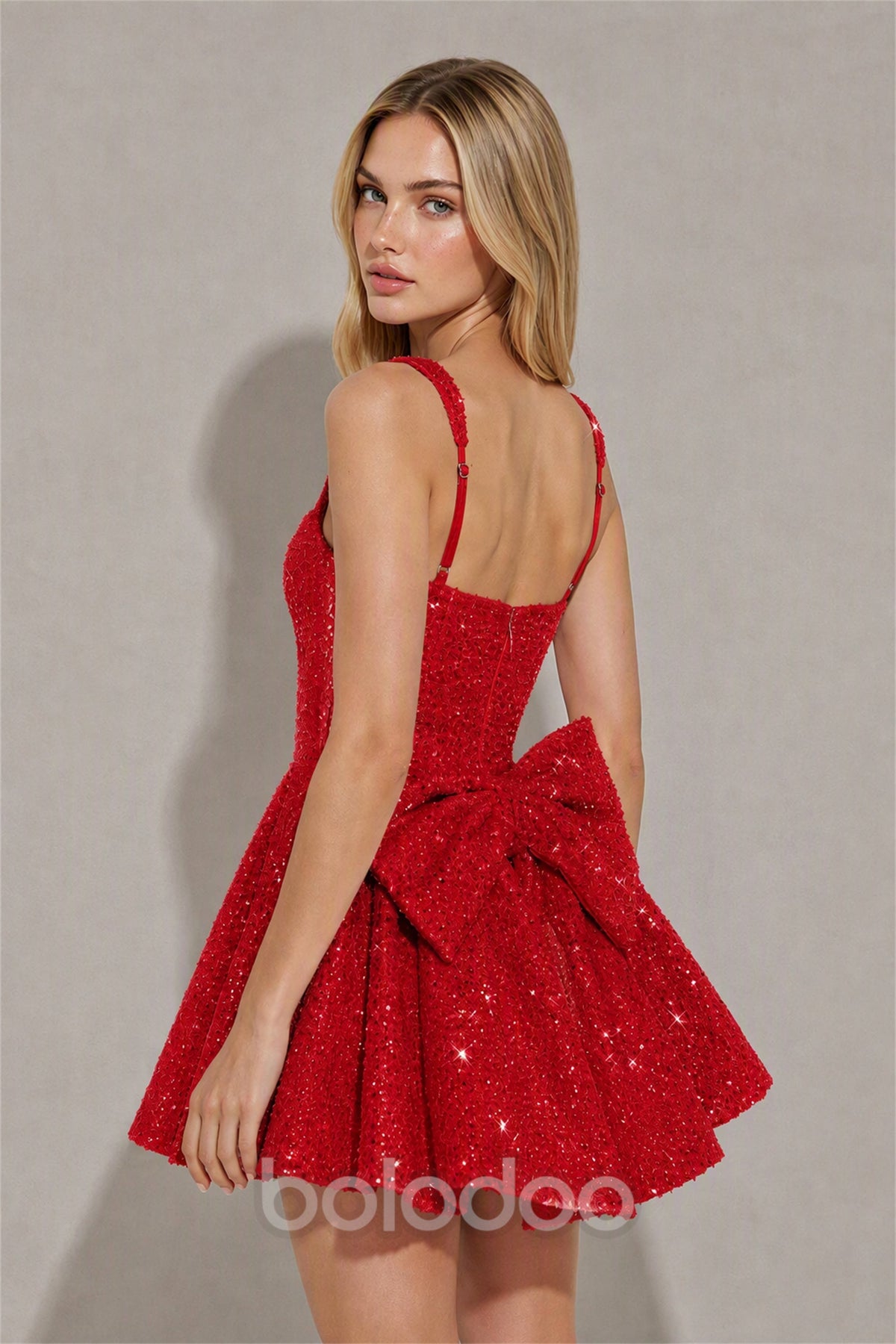 BOLODOO Red Sequin Square Neck Wide Strap Bow Waist Open Back Fit and Flare Mini Dress | Prom Birthday Party Dress - Red | BOLODOO watermark