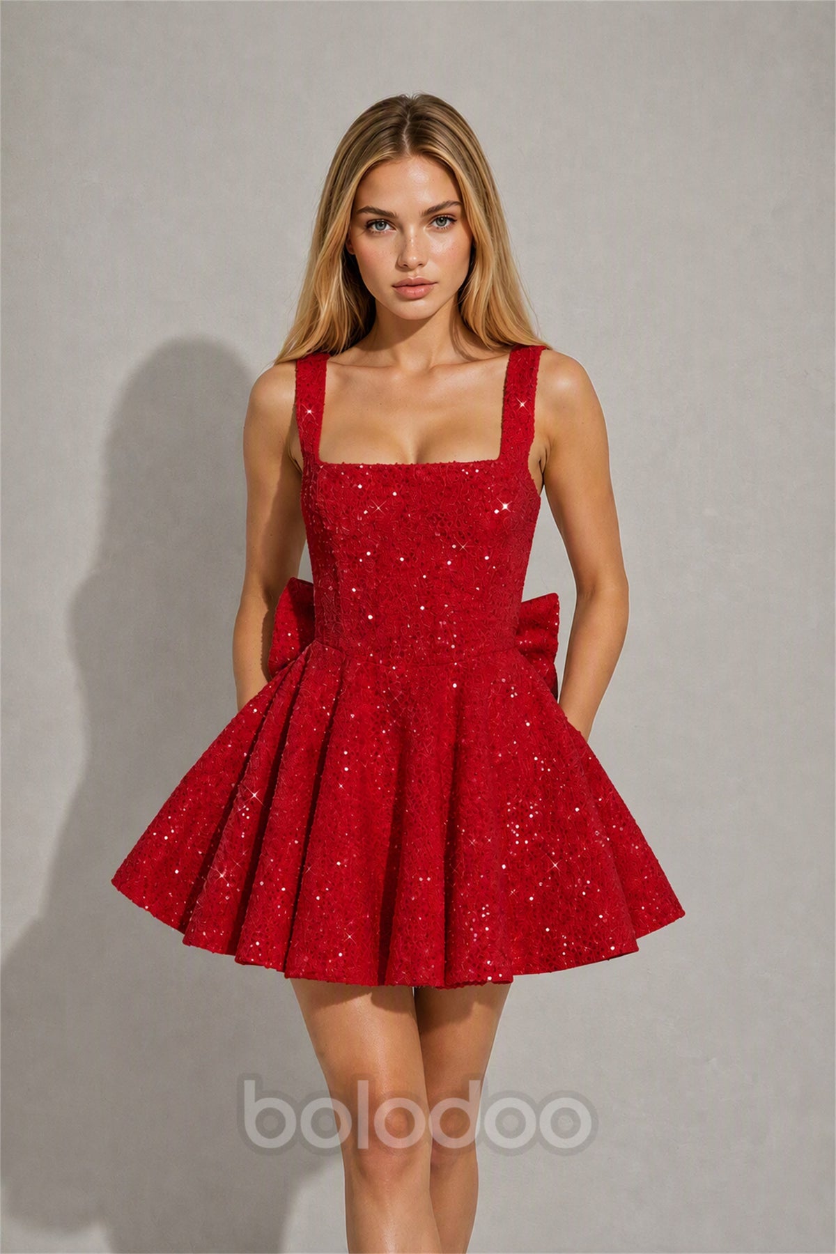 BOLODOO Red Sequin Square Neck Wide Strap Bow Waist Open Back Fit and Flare Mini Dress | Prom Birthday Party Dress - Red | BOLODOO watermark