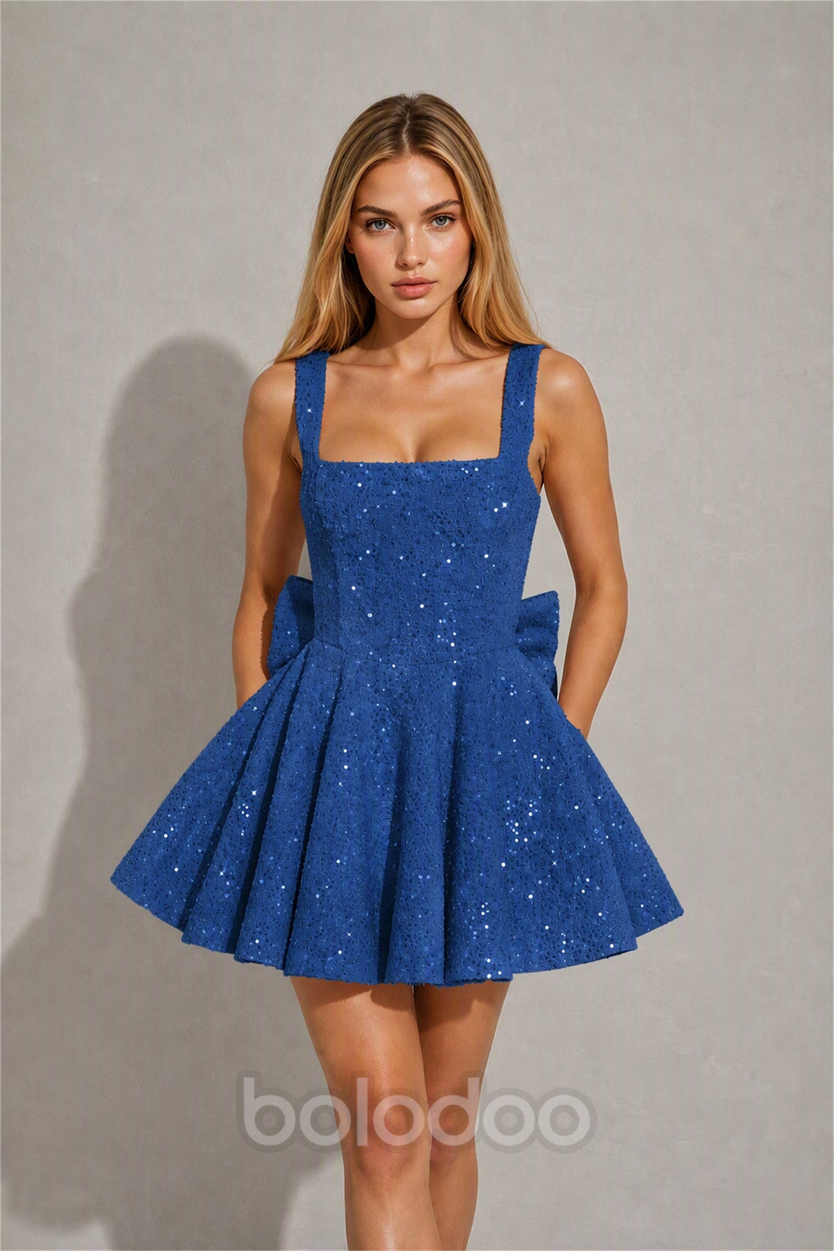 BOLODOO Royal Blue Sequin Square Neck Wide Strap Bow Waist Open Back Fit and Flare Mini Dress | Prom Birthday Party Dress - Royal Blue | BOLODOO watermark
