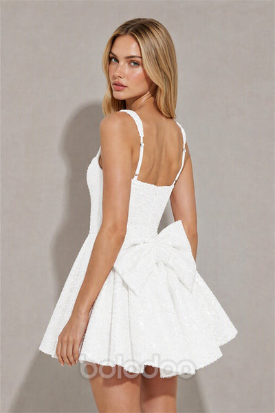 BOLODOO White Sequin Square Neck Wide Strap Bow Waist Open Back Fit and Flare Mini Dress | Prom Birthday Party Dress - White | BOLODOO watermark