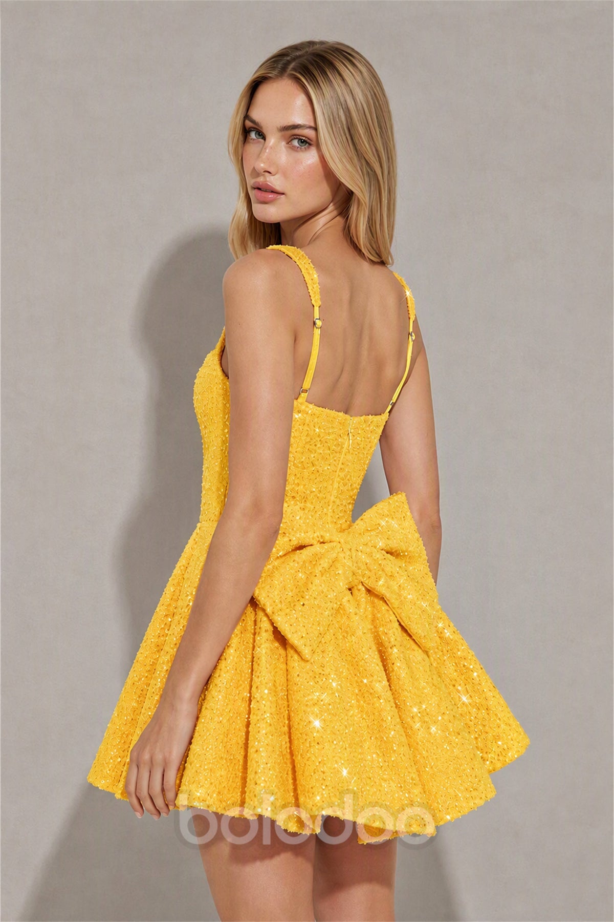 BOLODOO Yellow Sequin Square Neck Wide Strap Bow Waist Open Back Fit and Flare Mini Dress | Prom Birthday Party Dress - Yellow | BOLODOO watermark