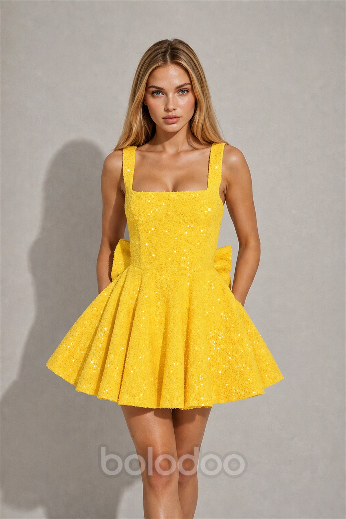 BOLODOO Yellow Sequin Square Neck Wide Strap Bow Waist Open Back Fit and Flare Mini Dress | Prom Birthday Party Dress - Yellow | BOLODOO watermark
