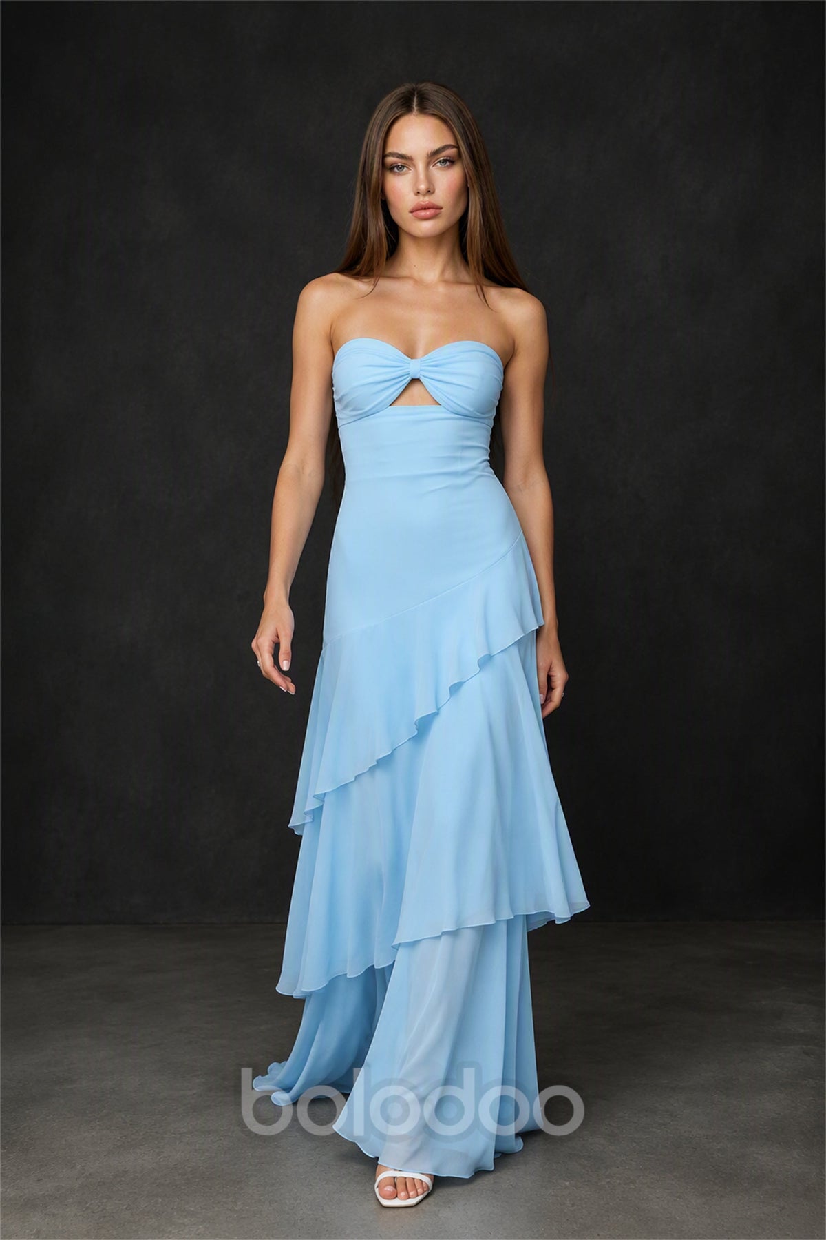 BOLODOO Light Blue Strapless Sweetheart Twist Cutout Tiered Chiffon Maxi Gown - Side View Tiered Skirt Detail | BOLODOO watermark