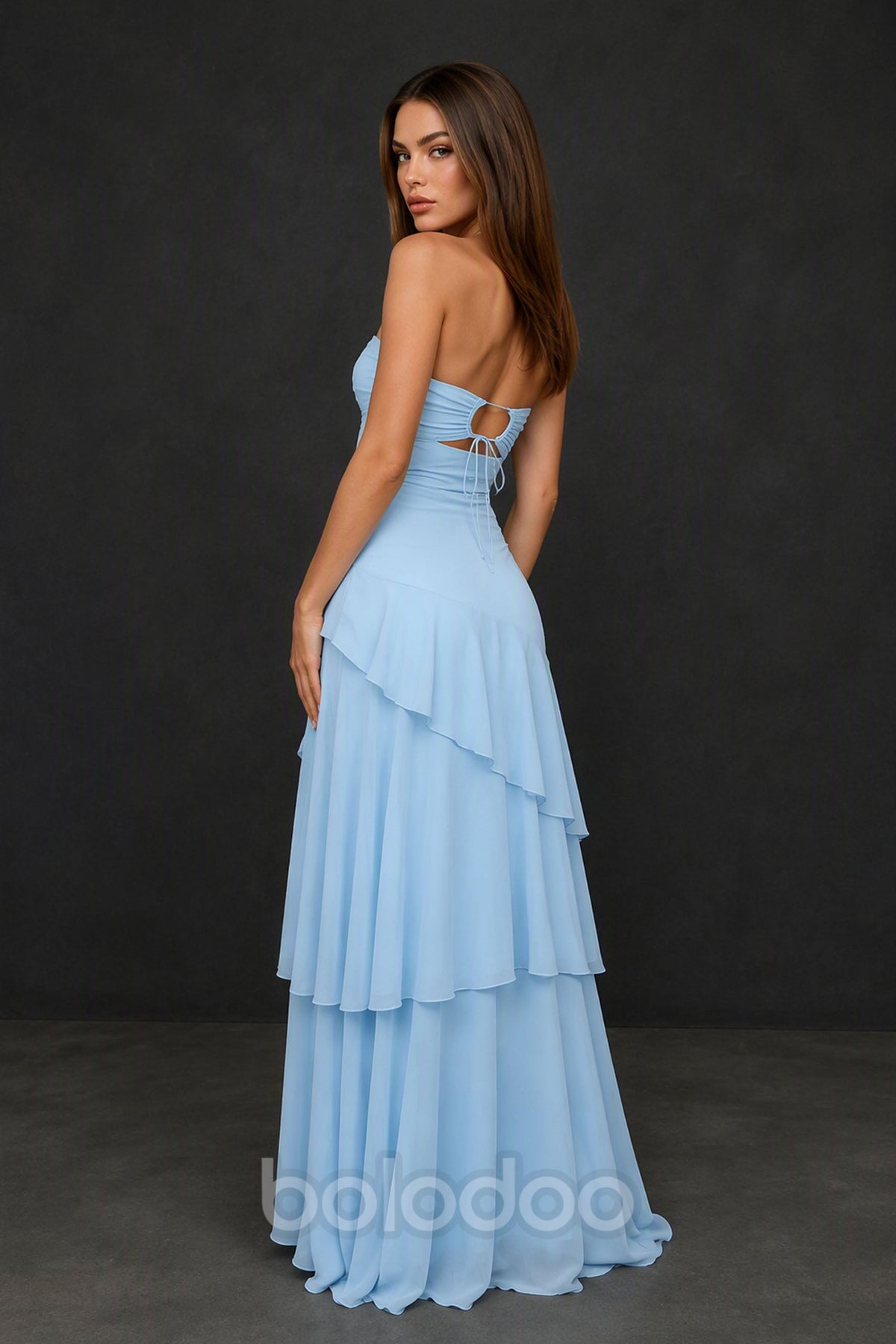 BOLODOO Light Blue Strapless Sweetheart Twist Cutout Tiered Chiffon Maxi Gown - Back Open Back Drawstring Detail | BOLODOO watermark