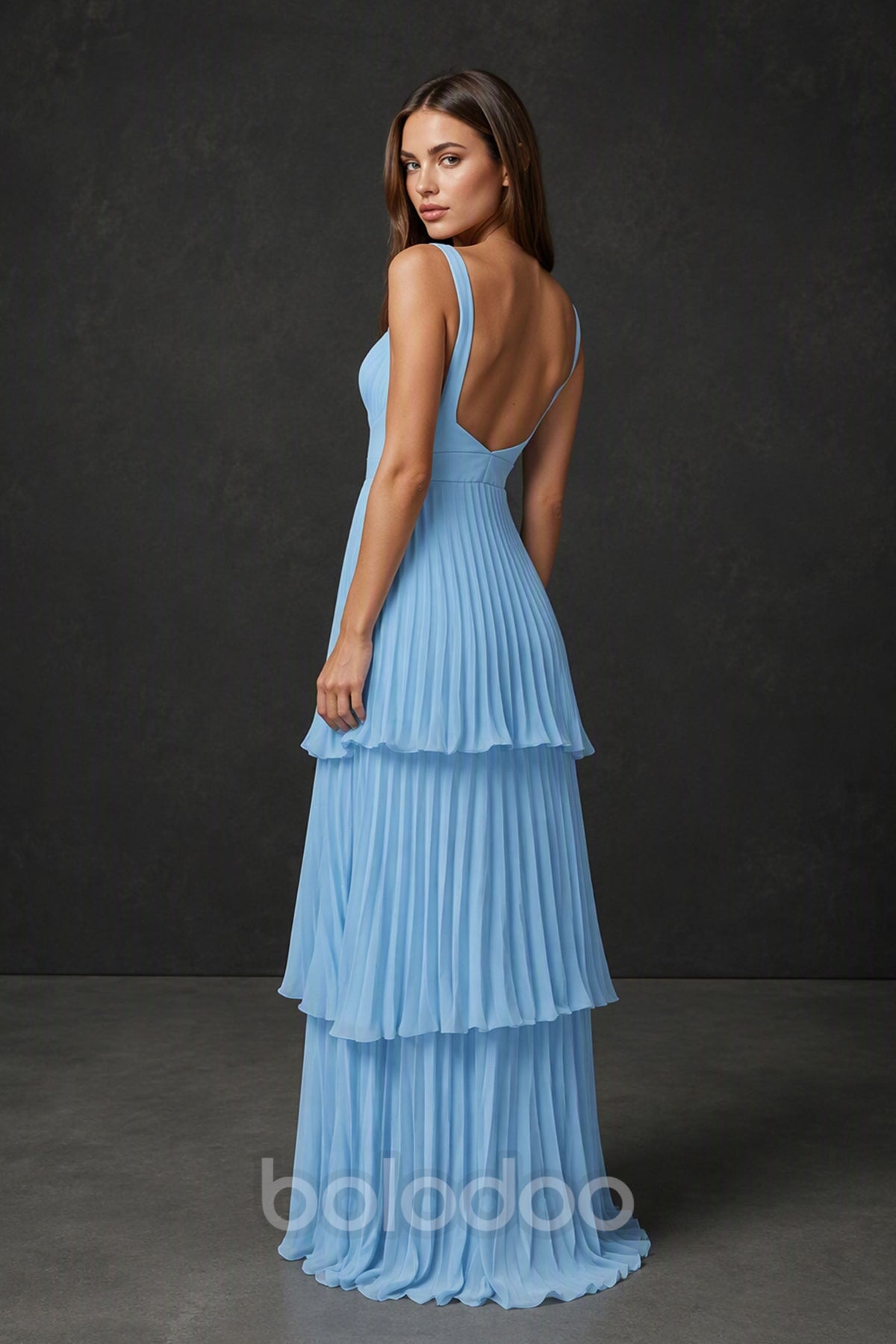 BOLODOO Light Blue Spaghetti Strap Sweetheart Pleated Tiered Chiffon Maxi Gown - Three-Quarter Side View | BOLODOO watermark