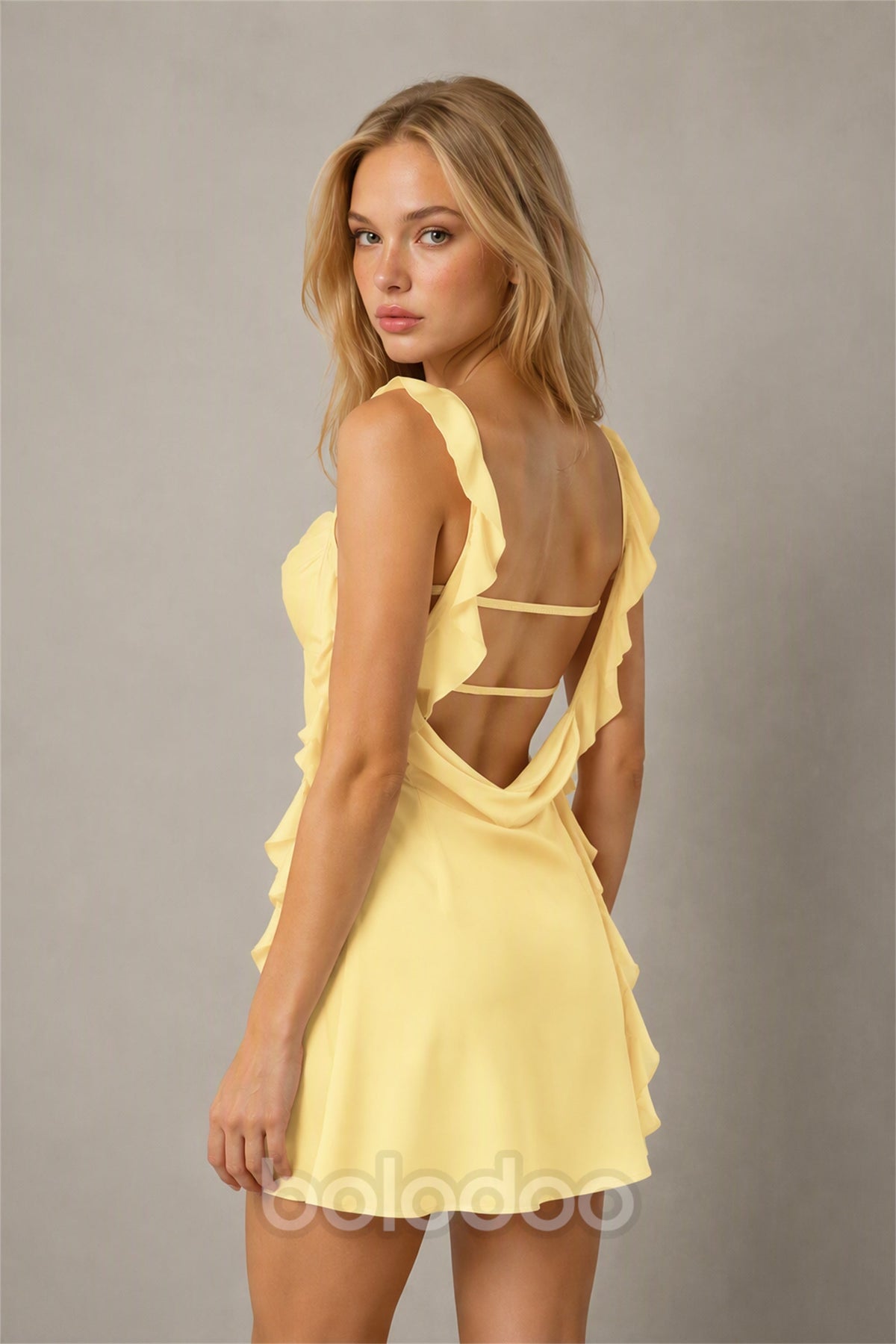 BOLODOO Yellow Sweetheart Ruffle Strap Open Back Satin Mini Dress | Cocktail Party & Date Night - Yellow | BOLODOO watermark