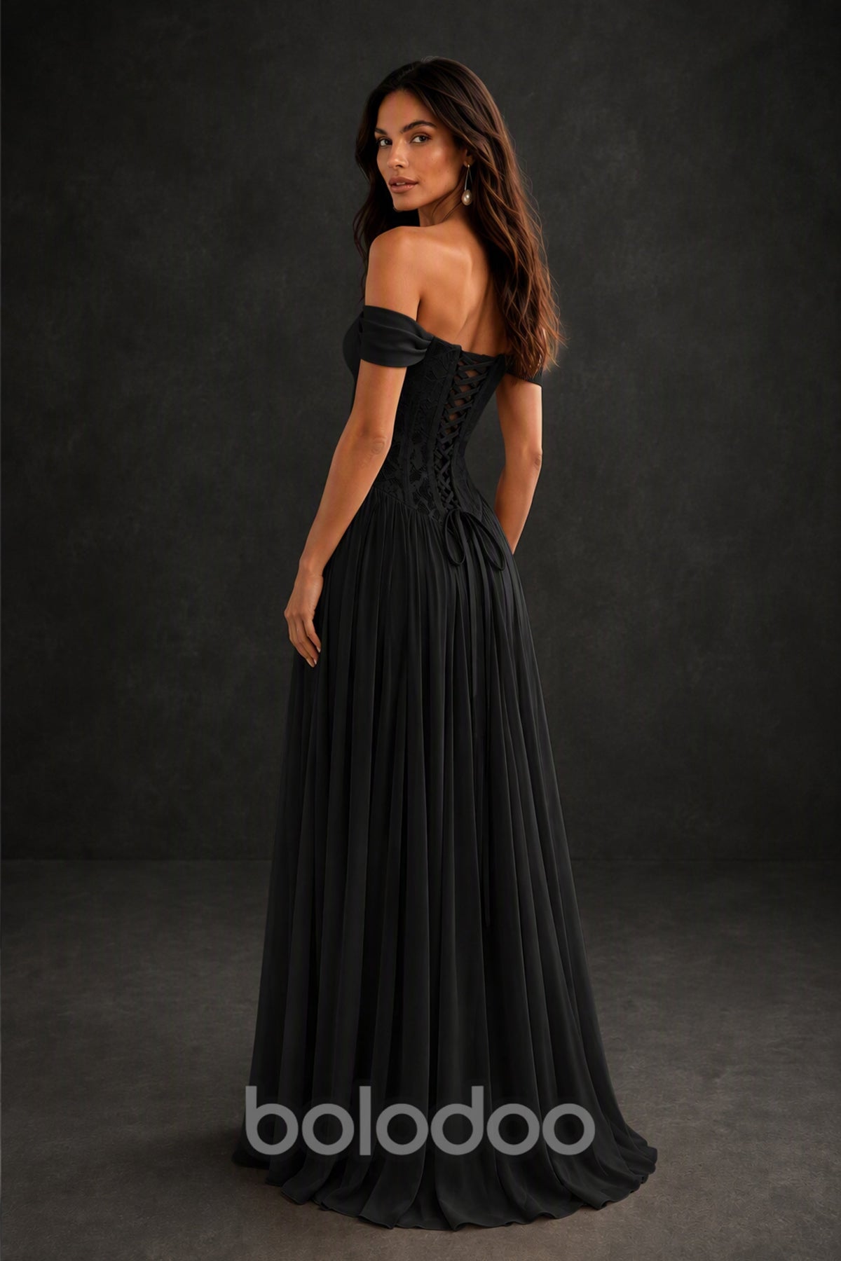 BOLODOO Black Off-Shoulder Lace Corset Tulle Maxi Dress - Front Full Length | BOLODOO watermark