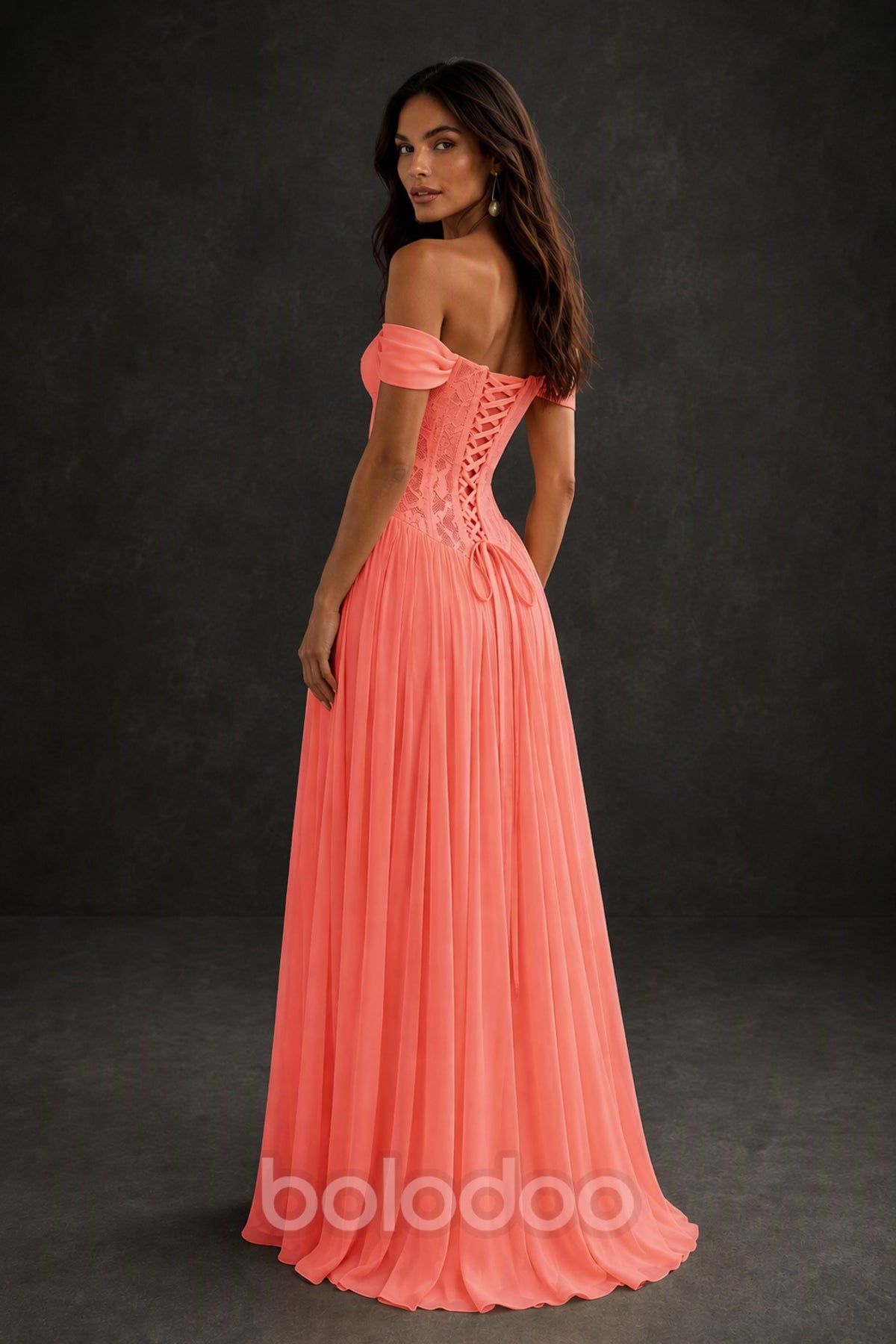 BOLODOO Coral Off-Shoulder Lace Corset Tulle Maxi Dress - Coral | BOLODOO watermark