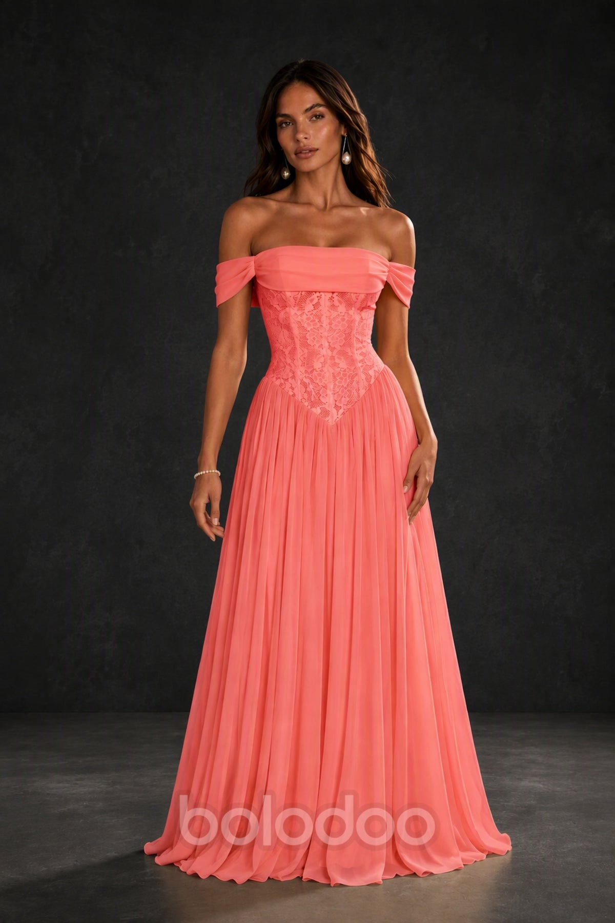 BOLODOO Coral Off-Shoulder Lace Corset Tulle Maxi Dress - Coral | BOLODOO watermark