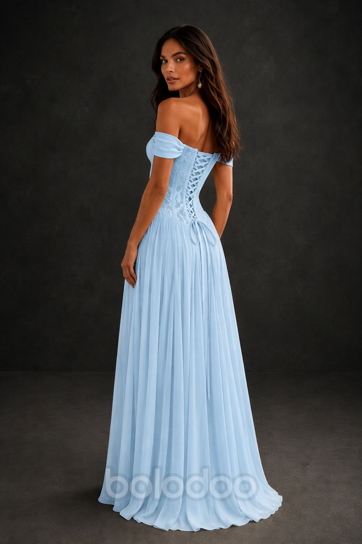 BOLODOO Light Blue Off-Shoulder Lace Corset Tulle Maxi Dress - Light Blue | BOLODOO watermark