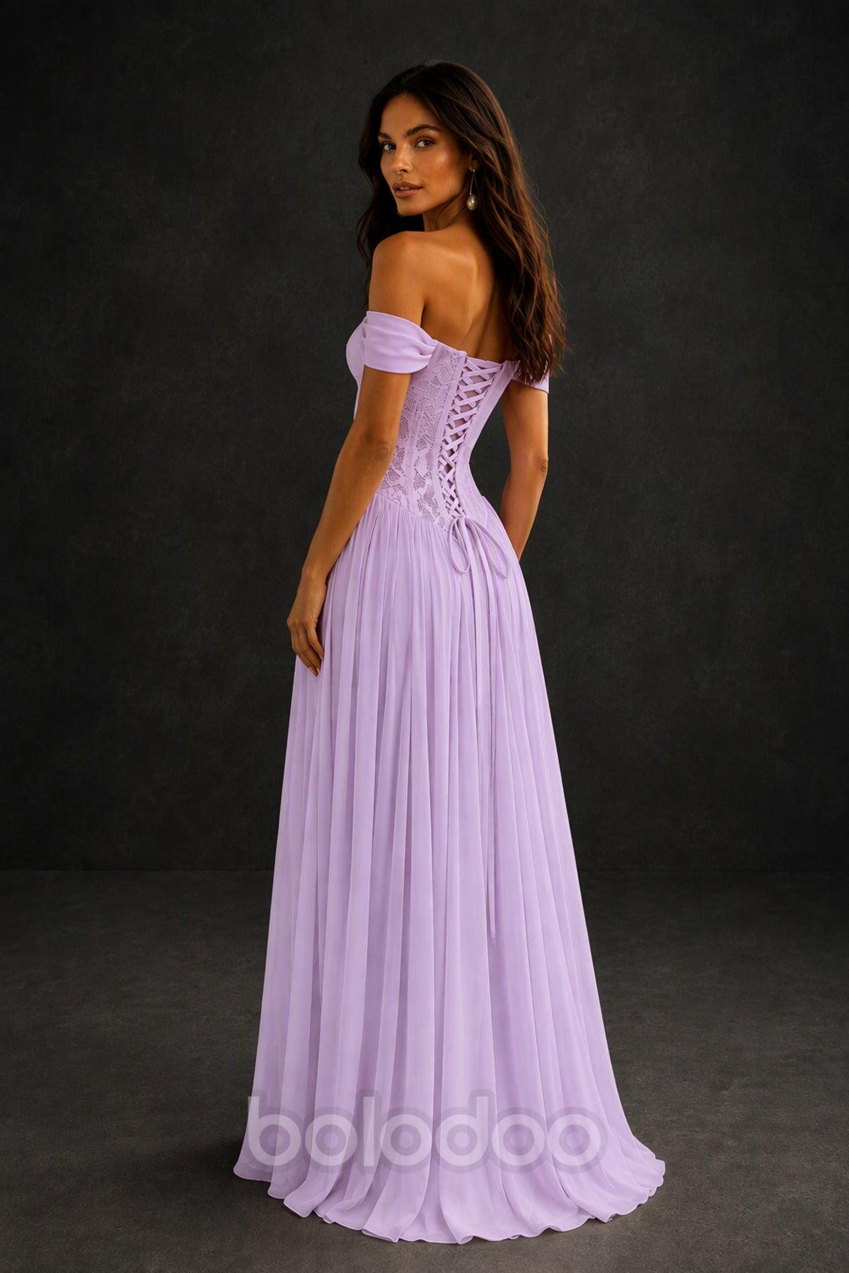 BOLODOO Lilac Off-Shoulder Lace Corset Tulle Maxi Dress - Lilac | BOLODOO watermark