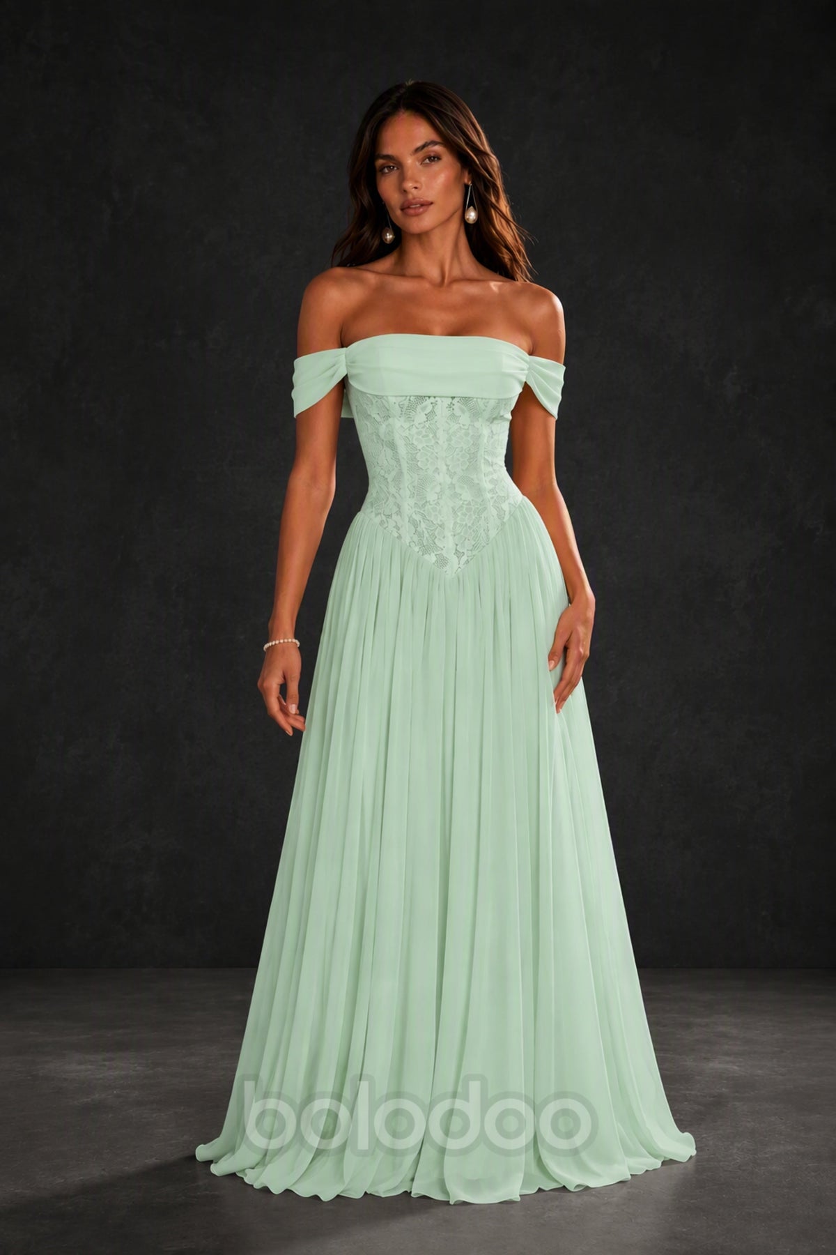 BOLODOO Mint Green Off-Shoulder Lace Corset Tulle Maxi Dress - Mint Green | BOLODOO watermark