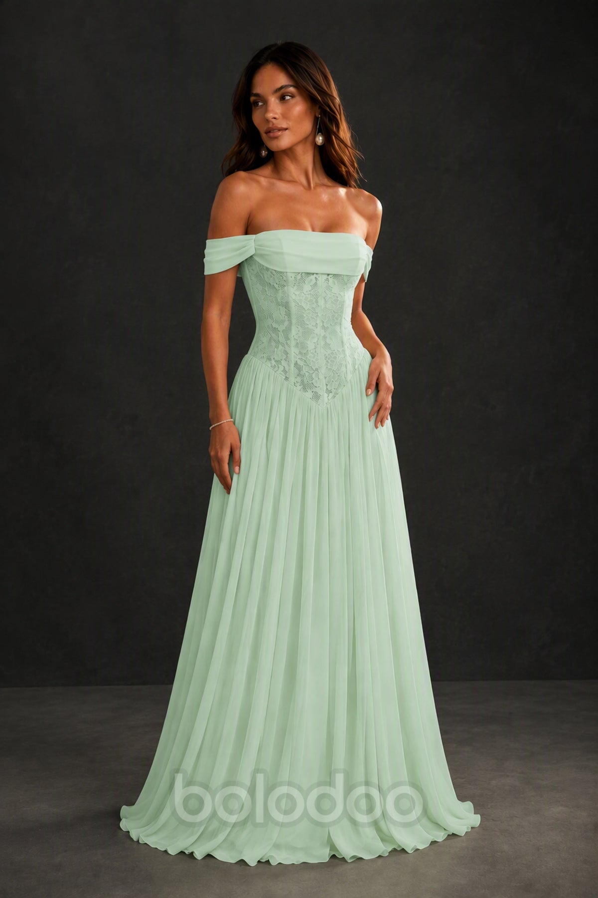 BOLODOO Mint Green Off-Shoulder Lace Corset Tulle Maxi Dress - Mint Green | BOLODOO watermark