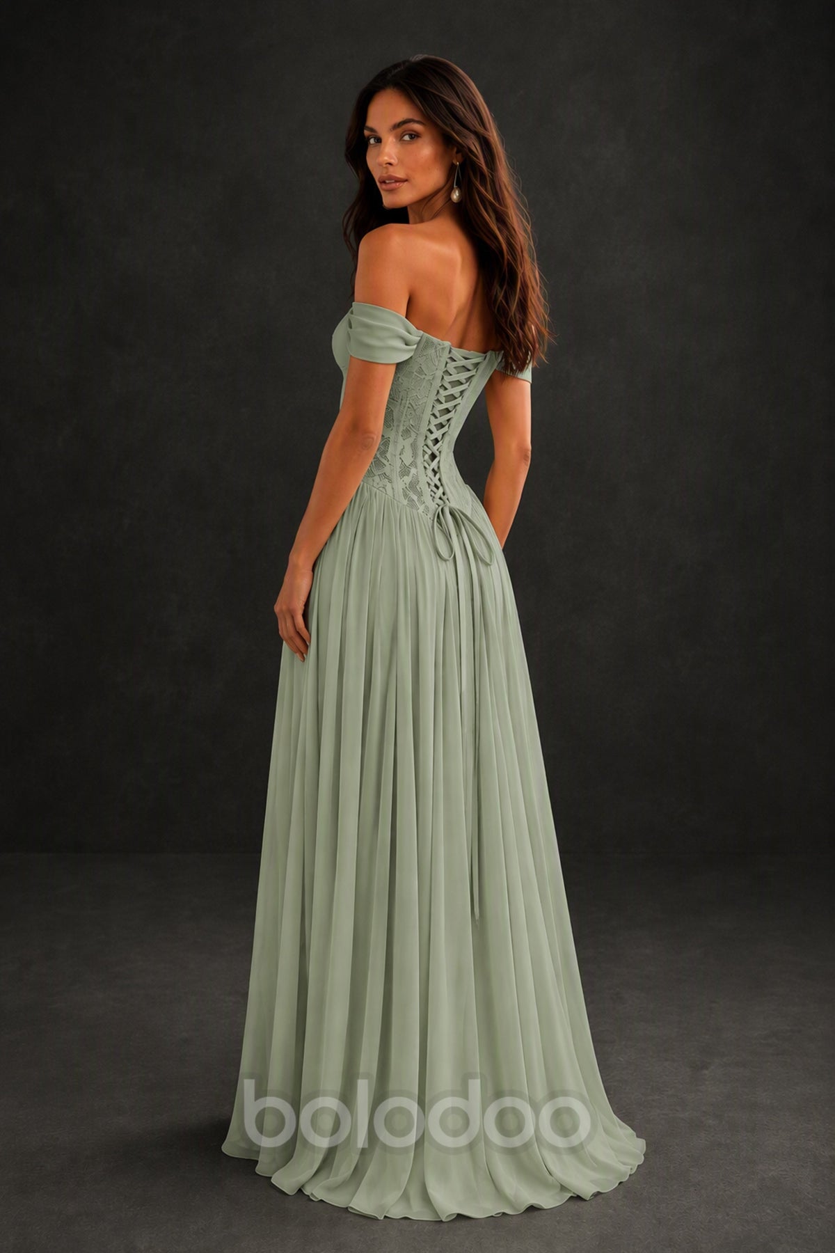 BOLODOO Sage Green Off-Shoulder Lace Corset Tulle Maxi Dress - Sage Green | BOLODOO watermark