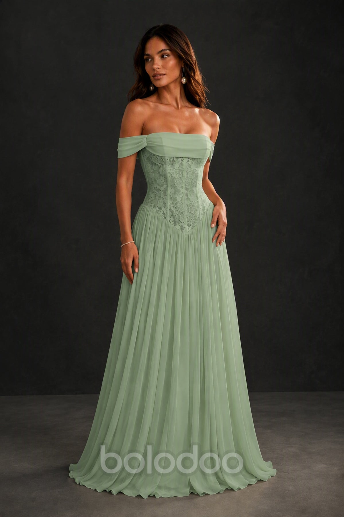BOLODOO Sage Green Off-Shoulder Lace Corset Tulle Maxi Dress - Sage Green | BOLODOO watermark