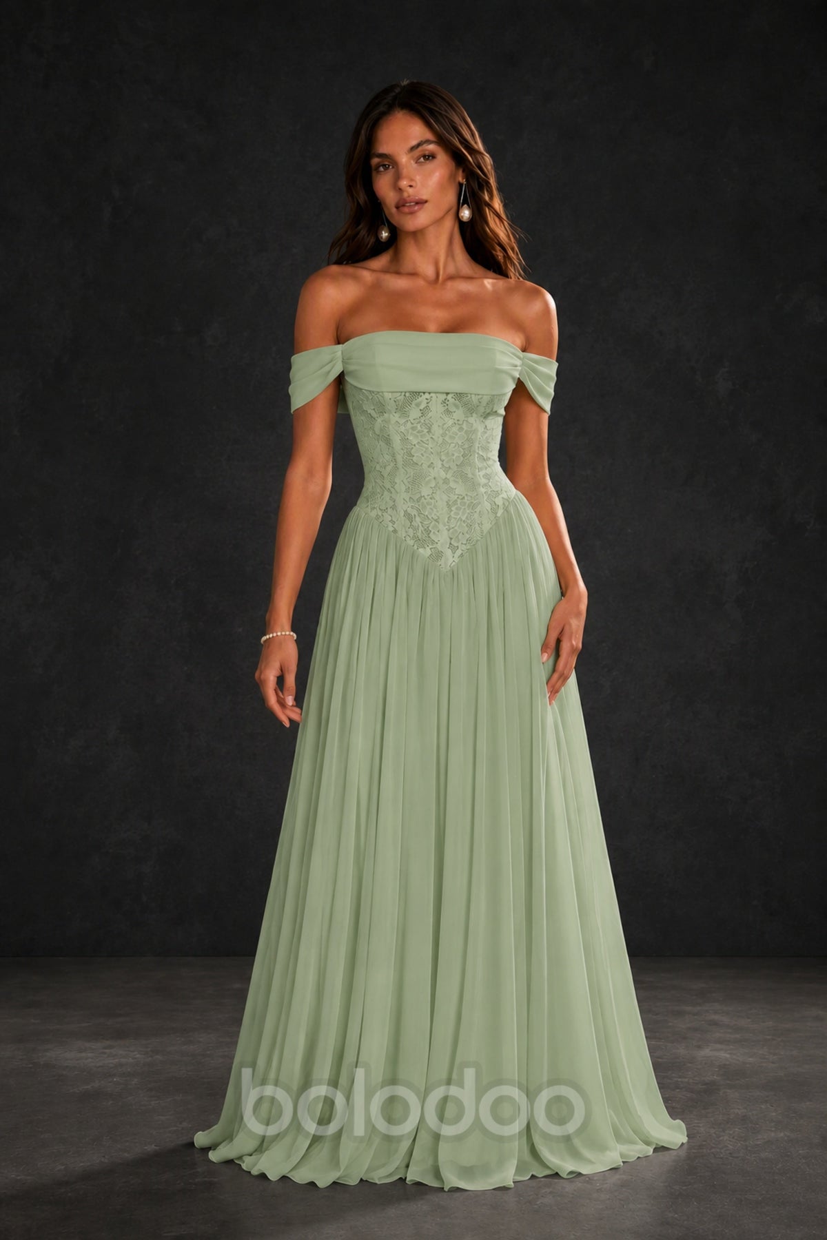 BOLODOO Sage Green Off-Shoulder Lace Corset Tulle Maxi Dress - Sage Green | BOLODOO watermark