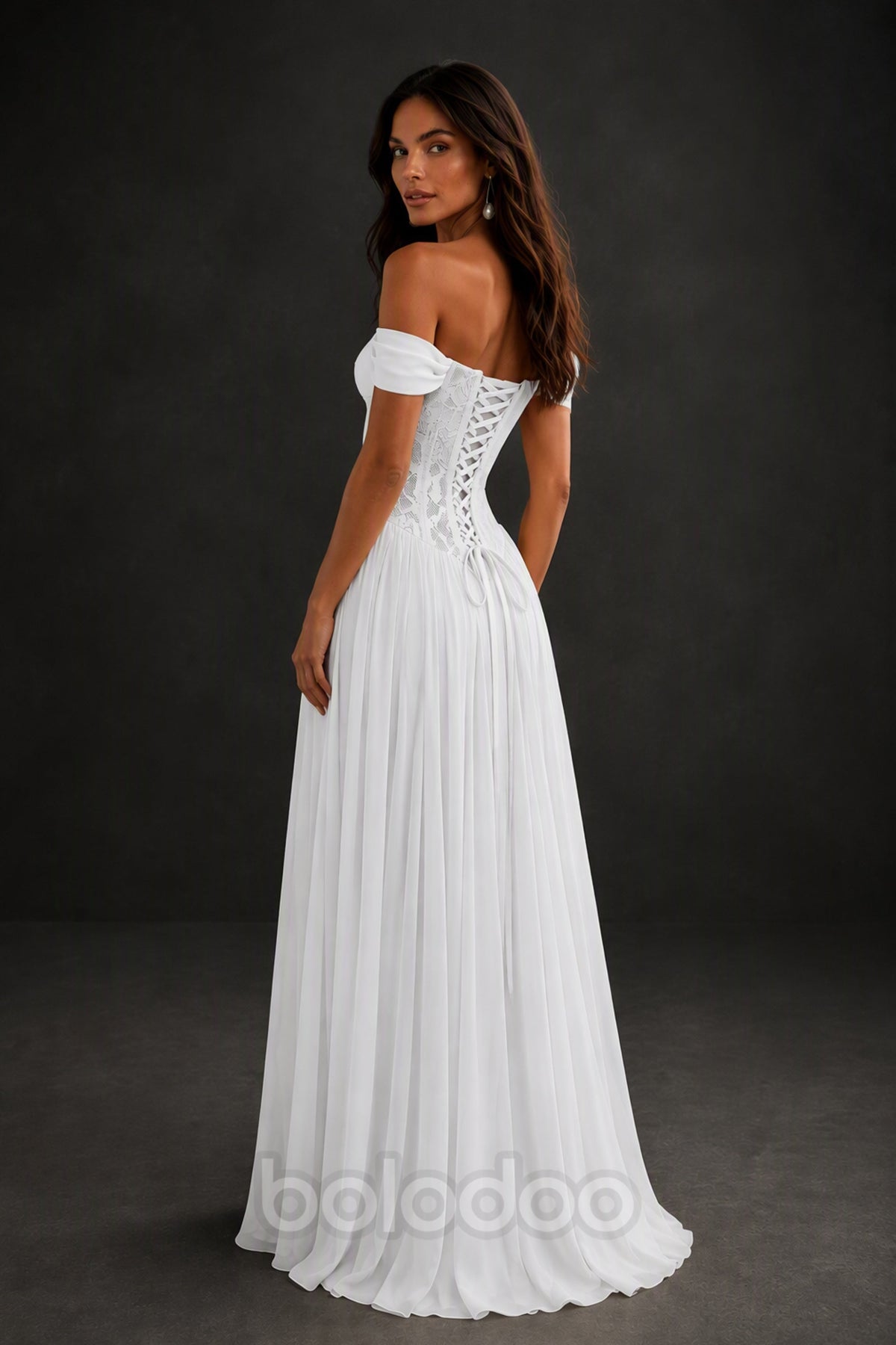 BOLODOO White Off-Shoulder Lace Corset Tulle Maxi Dress - White | BOLODOO watermark