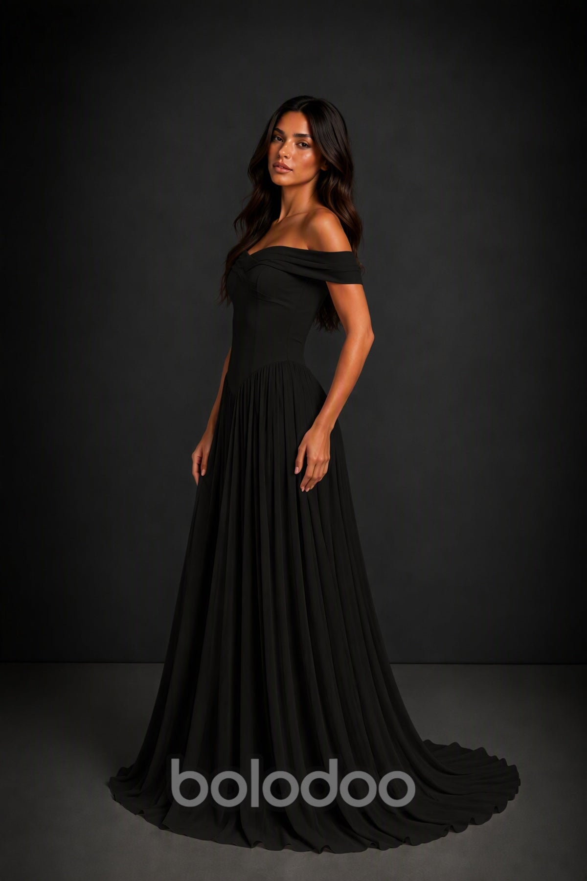 BOLODOO Black Off-Shoulder Sweetheart Corset Chiffon Maxi Dress - Front Full Length | BOLODOO watermark
