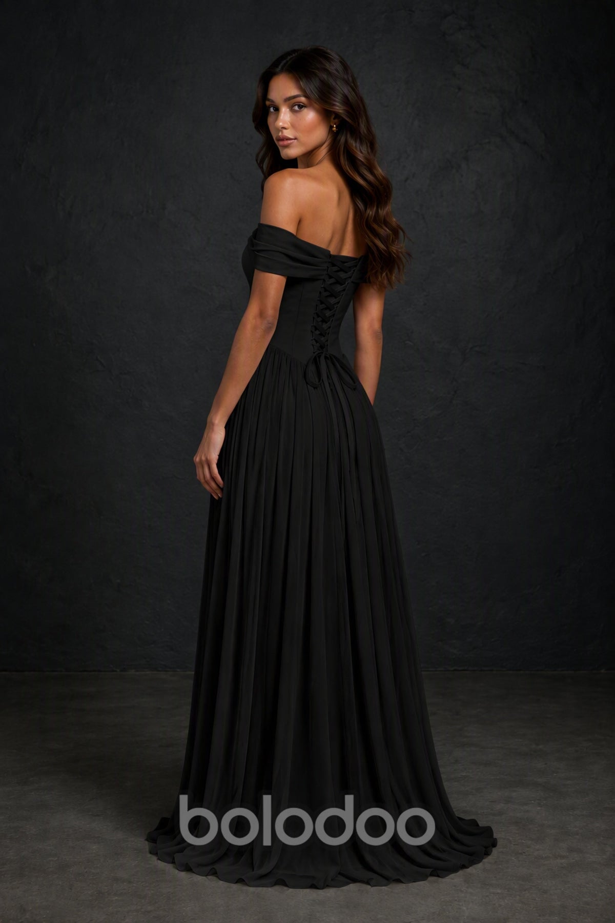 BOLODOO Black Off-Shoulder Sweetheart Corset Chiffon Maxi Dress - Open Lace-Up Back Detail | BOLODOO watermark