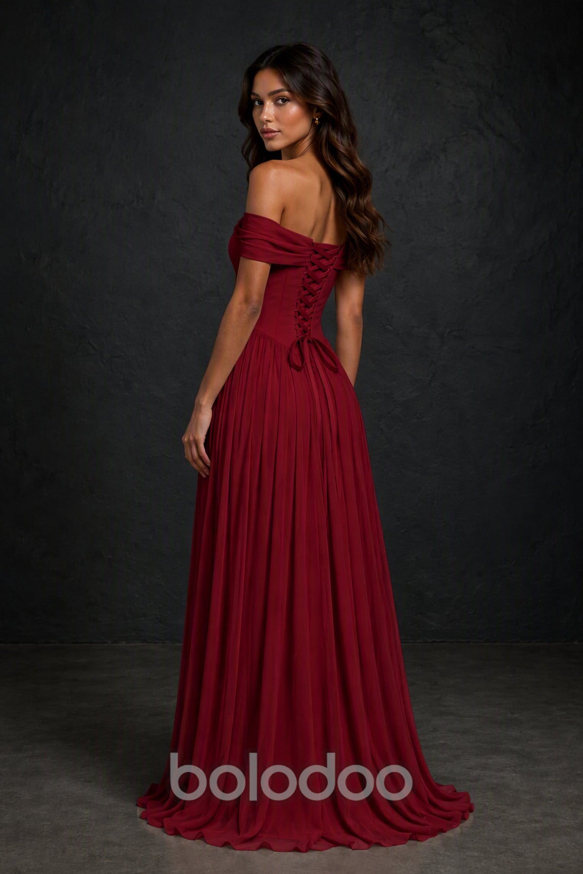 BOLODOO Burgundy Off-Shoulder Sweetheart Corset Pleated Chiffon Maxi Dress - Burgundy | BOLODOO watermark