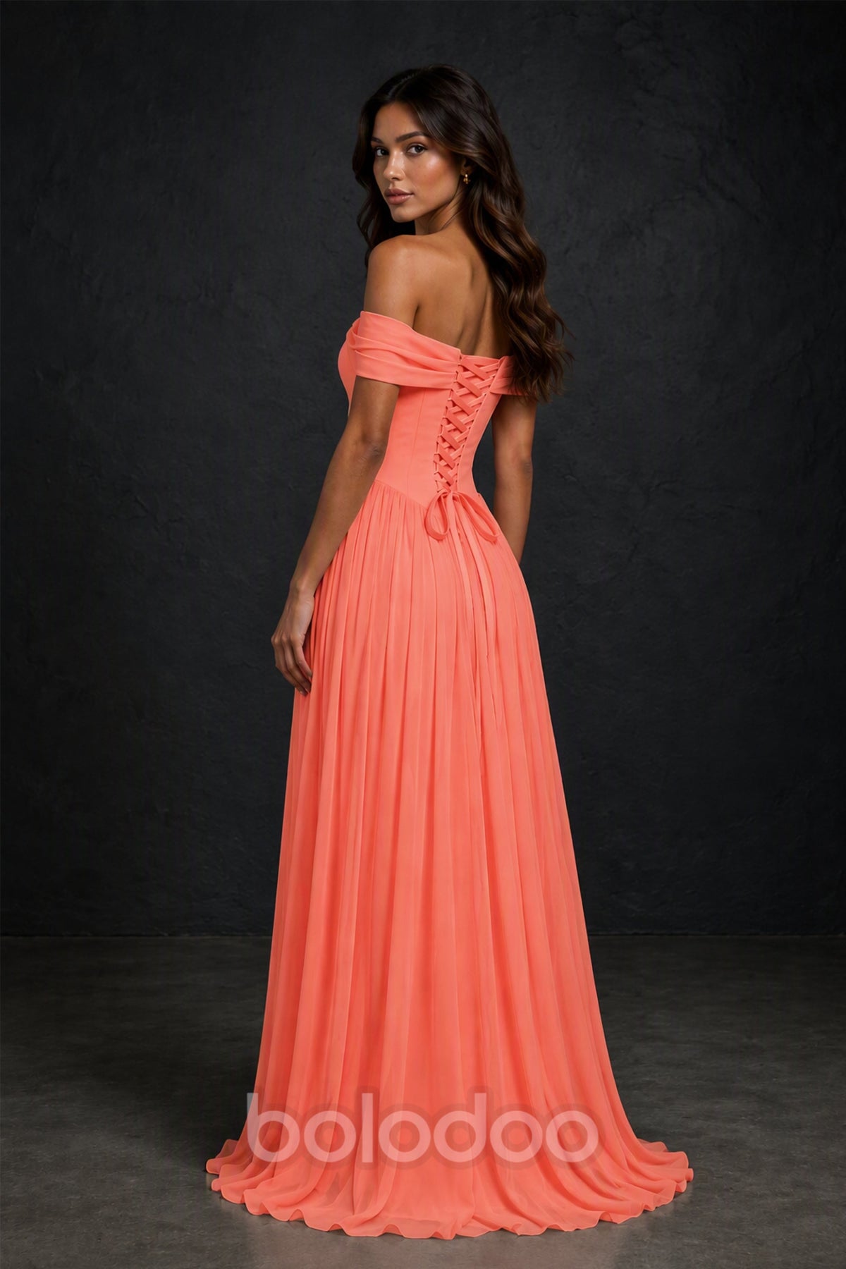 BOLODOO Coral Off-Shoulder Sweetheart Corset Pleated Chiffon Maxi Dress - Coral | BOLODOO watermark