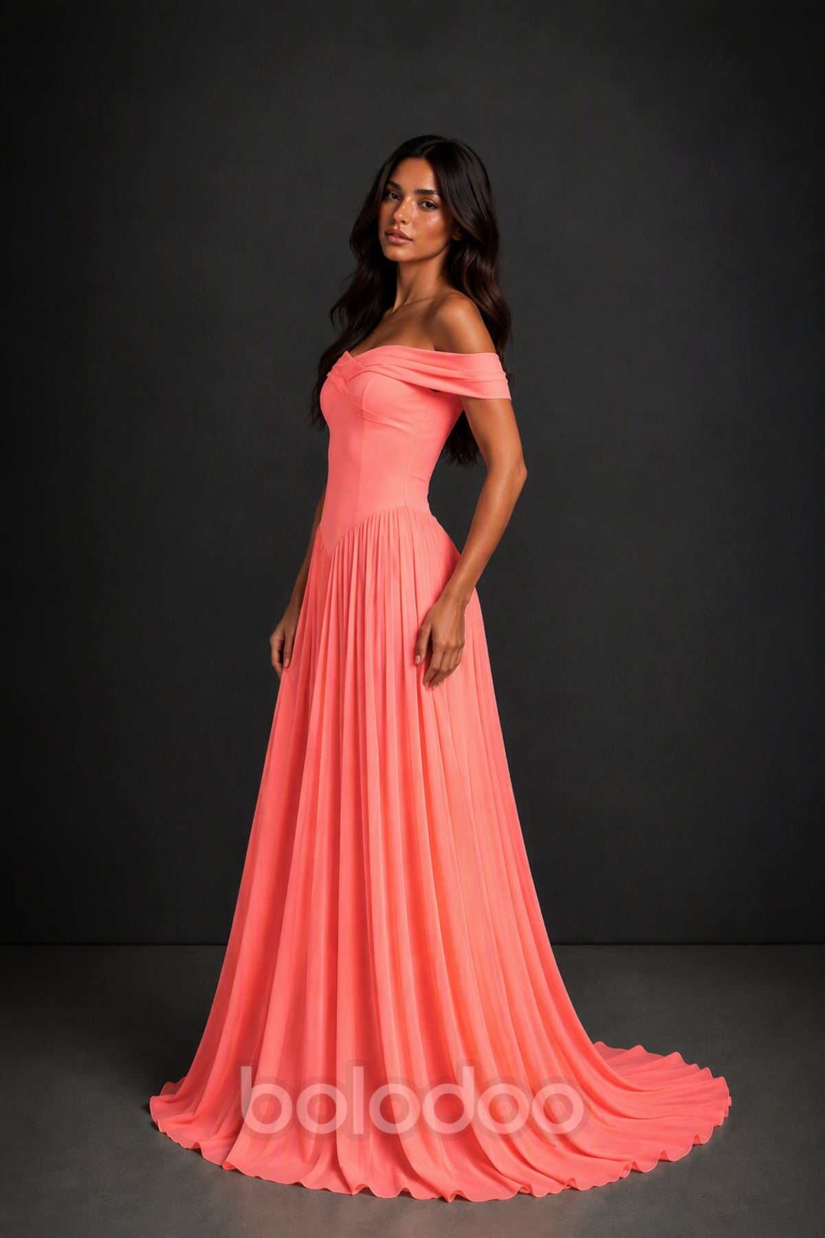 BOLODOO Coral Off-Shoulder Sweetheart Corset Pleated Chiffon Maxi Dress - Coral | BOLODOO watermark