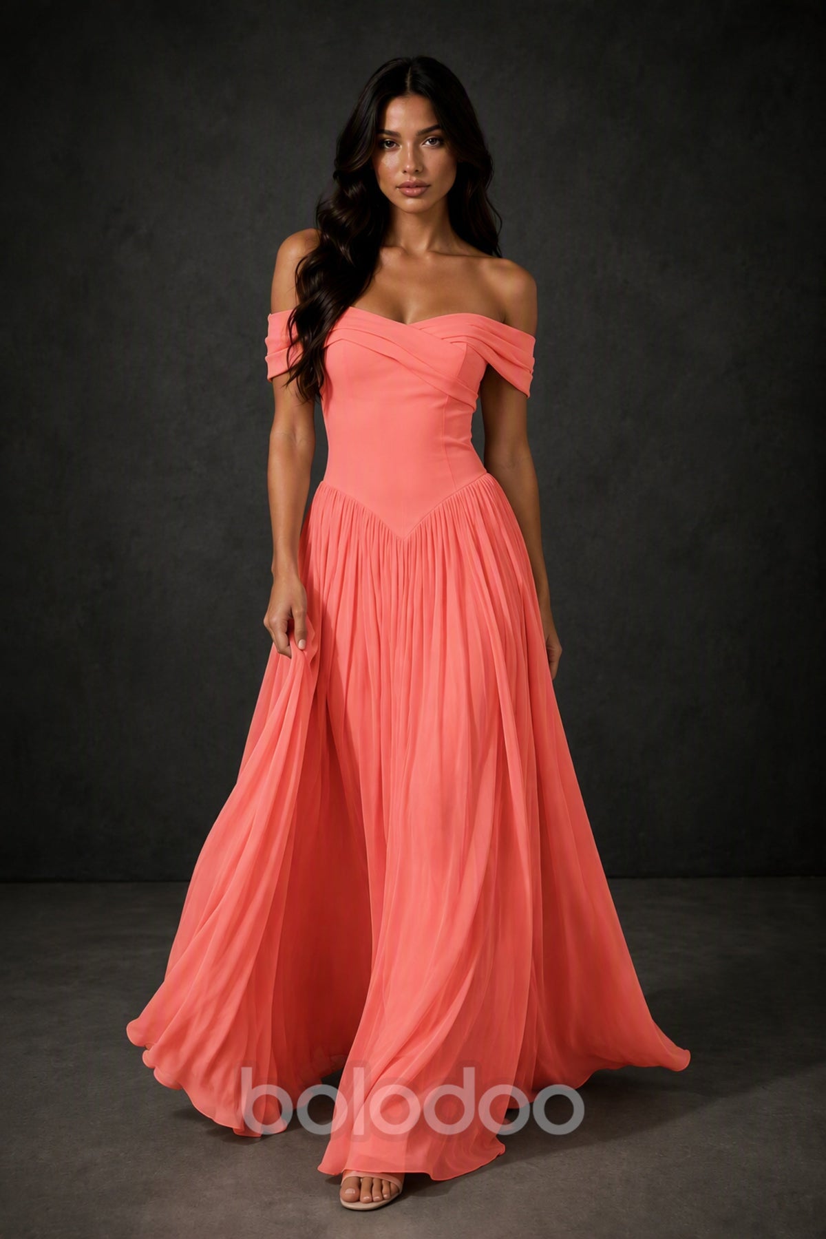 BOLODOO Coral Off-Shoulder Sweetheart Corset Pleated Chiffon Maxi Dress - Coral | BOLODOO watermark