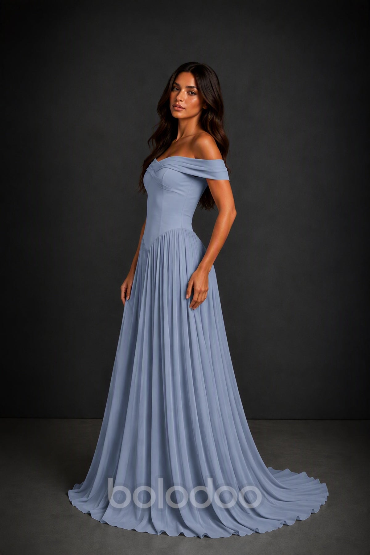 BOLODOO Dusty Blue Off-Shoulder Sweetheart Corset Pleated Chiffon Maxi Dress - Dusty Blue | BOLODOO watermark