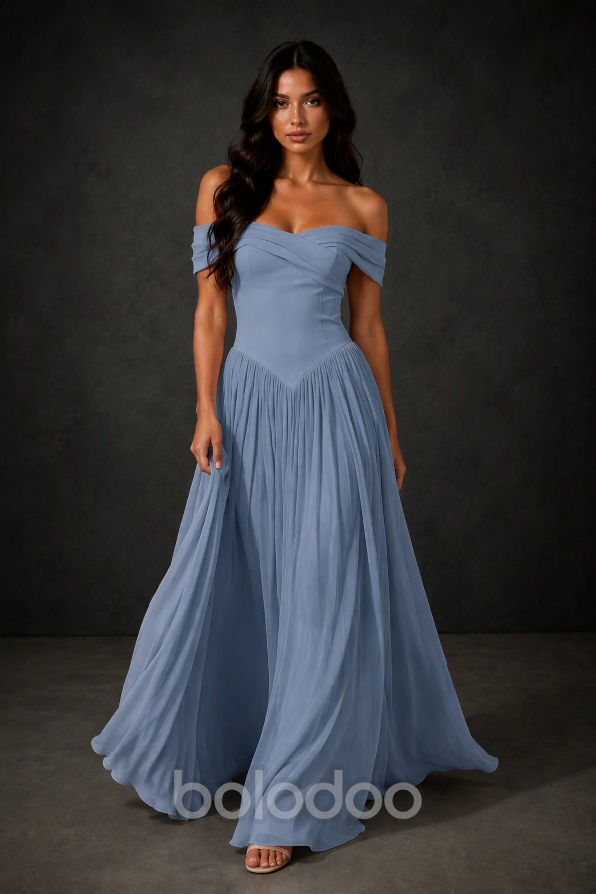 BOLODOO Dusty Blue Off-Shoulder Sweetheart Corset Pleated Chiffon Maxi Dress - Dusty Blue | BOLODOO watermark