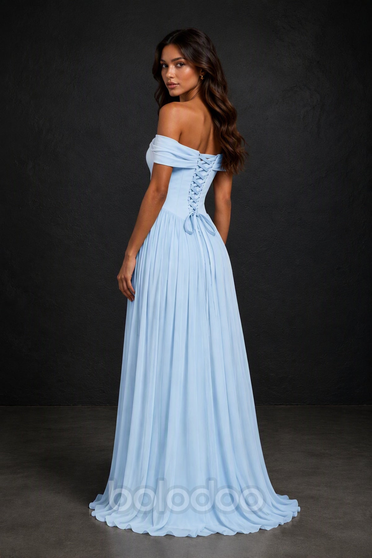 BOLODOO Light Blue Off-Shoulder Sweetheart Corset Pleated Chiffon Maxi Dress - Light Blue | BOLODOO watermark