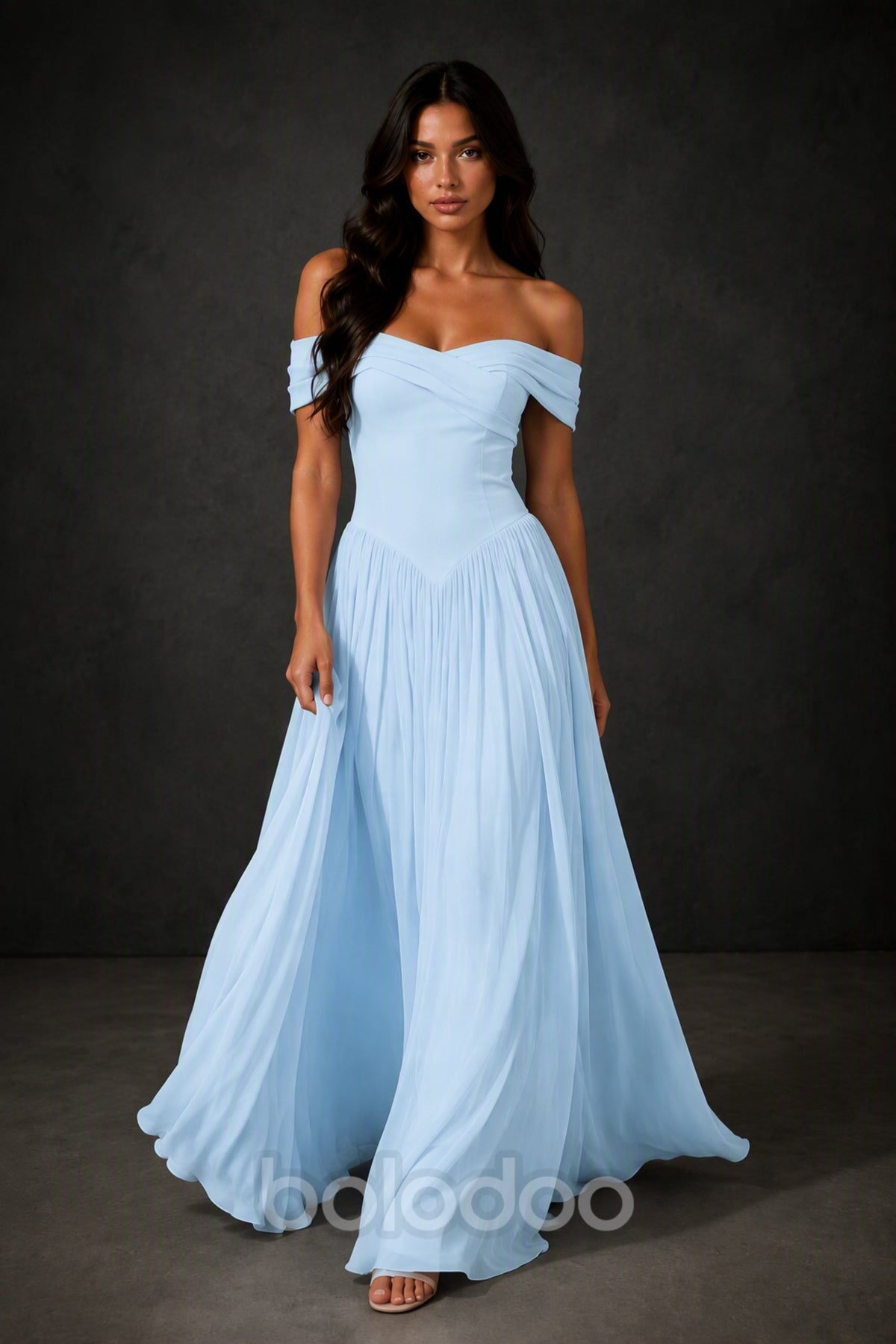 BOLODOO Light Blue Off-Shoulder Sweetheart Corset Pleated Chiffon Maxi Dress - Light Blue | BOLODOO watermark