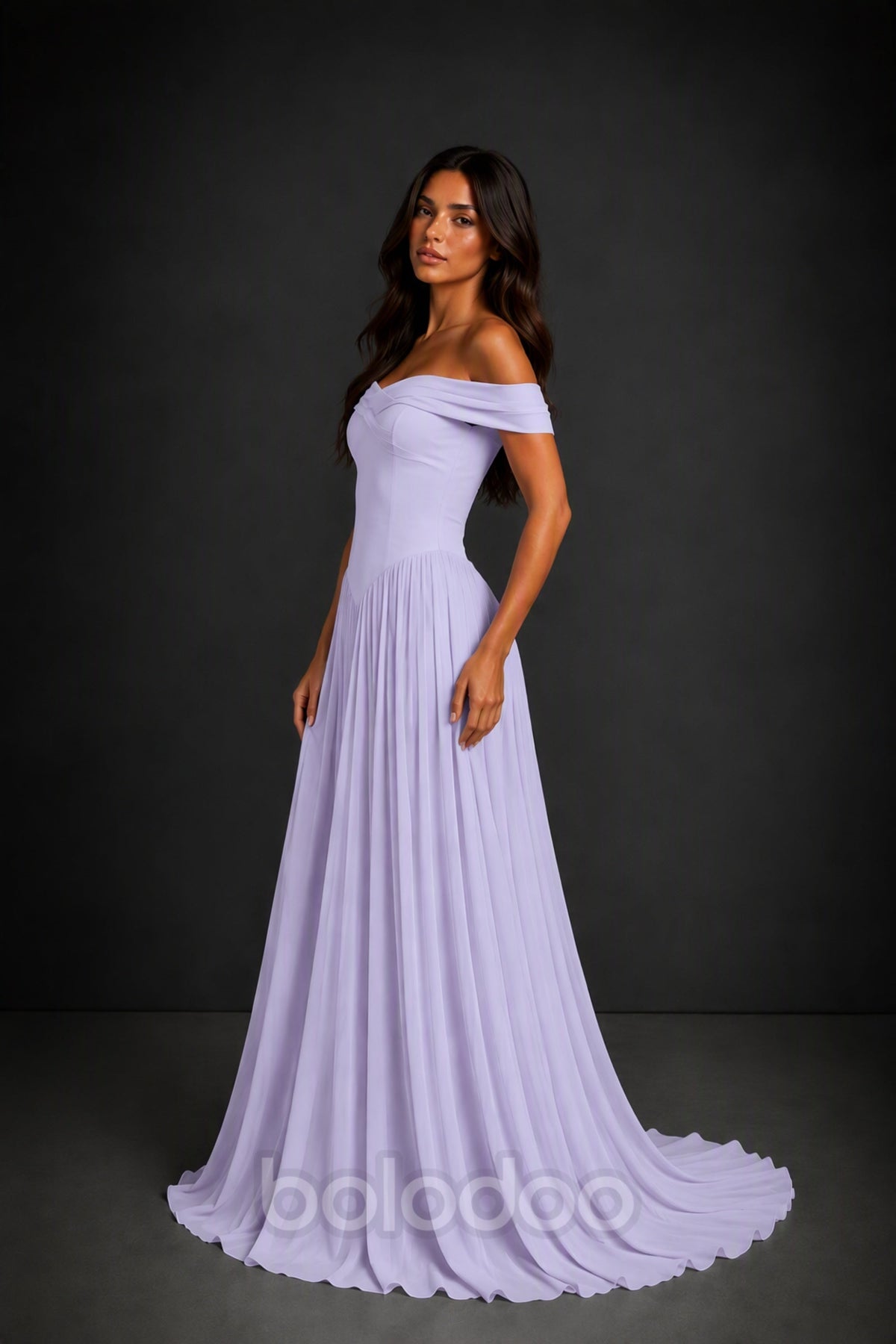 BOLODOO Lilac Off-Shoulder Sweetheart Corset Pleated Chiffon Maxi Dress - Lilac | BOLODOO watermark