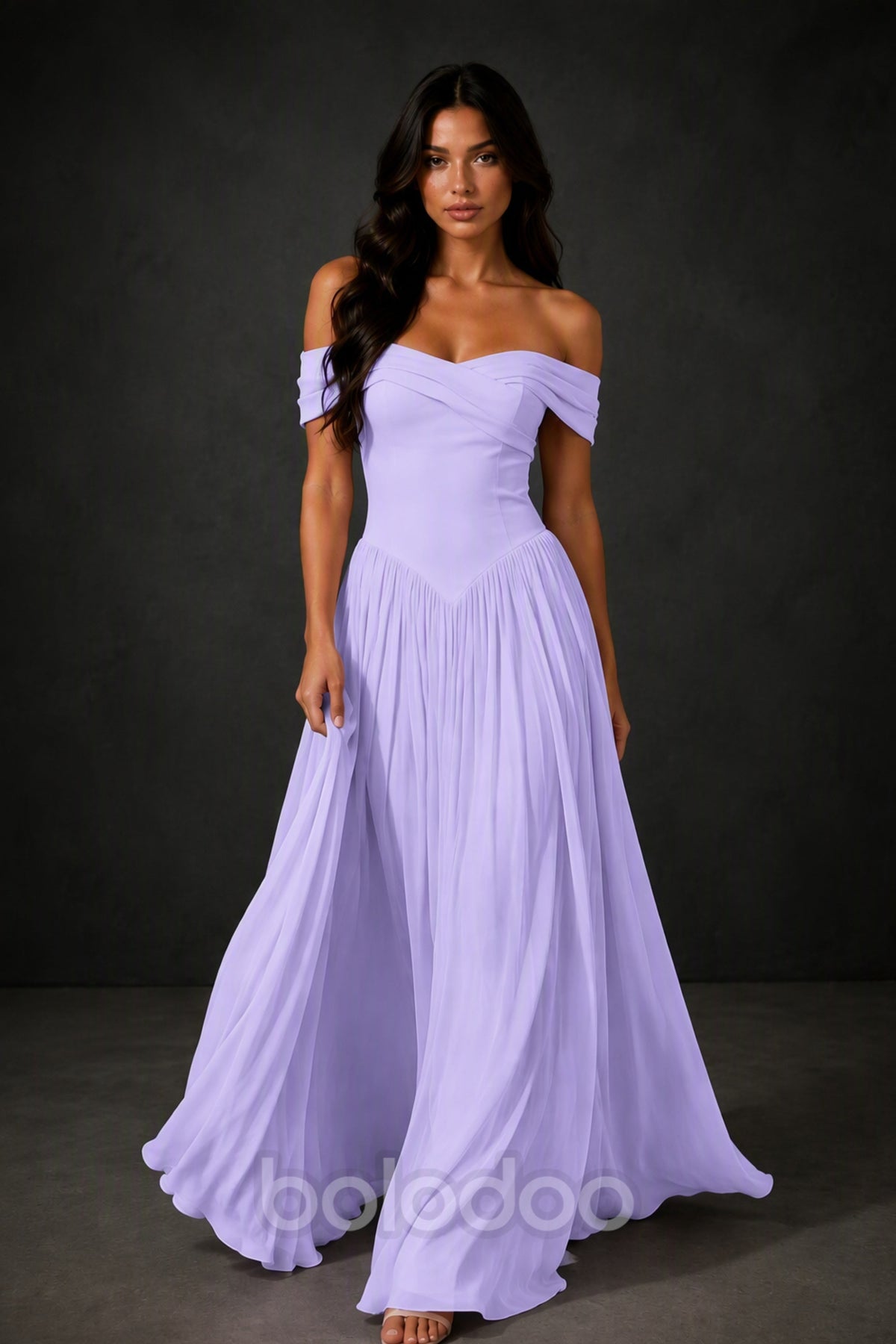 BOLODOO Lilac Off-Shoulder Sweetheart Corset Pleated Chiffon Maxi Dress - Lilac | BOLODOO watermark