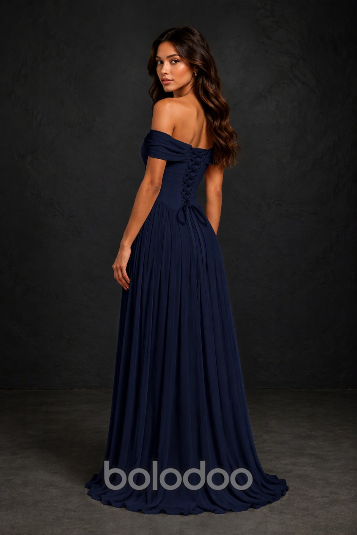 BOLODOO Navy Blue Off-Shoulder Sweetheart Corset Pleated Chiffon Maxi Dress - Navy Blue | BOLODOO watermark