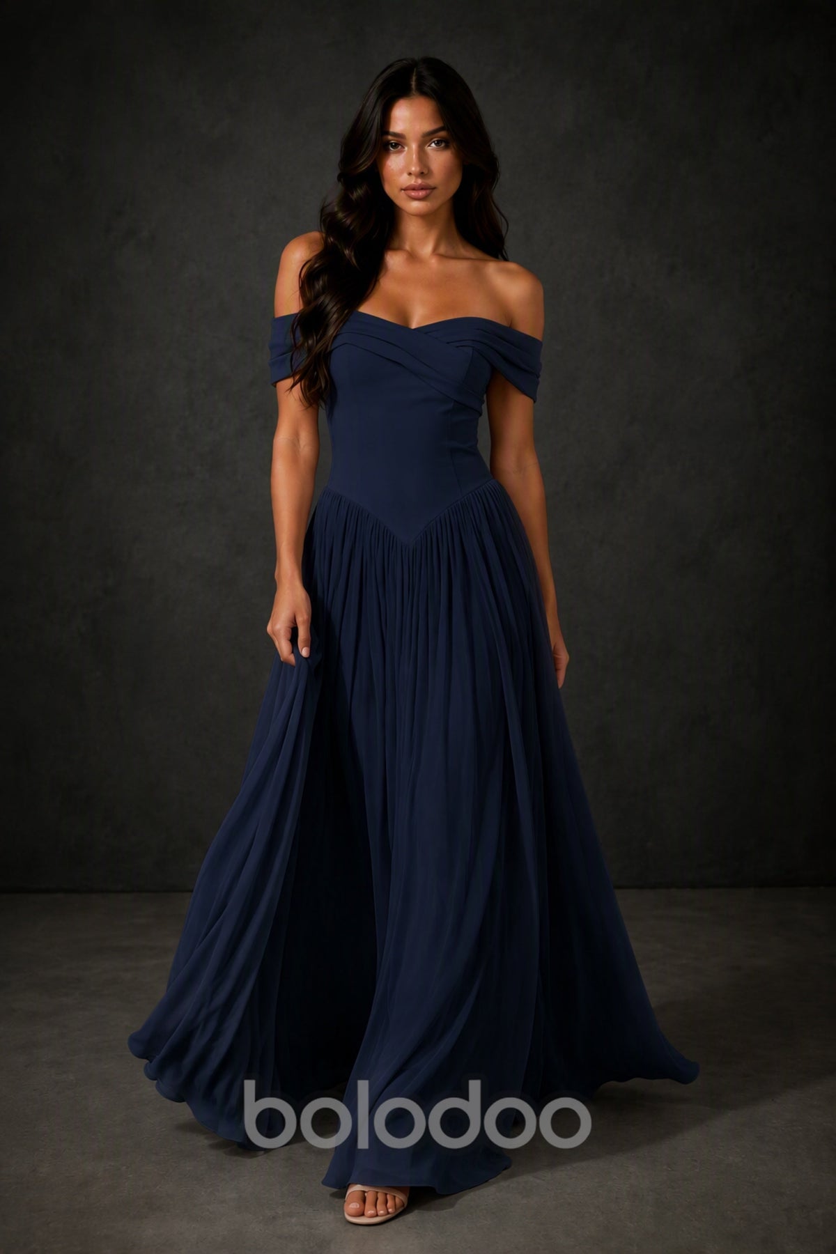 BOLODOO Navy Blue Off-Shoulder Sweetheart Corset Pleated Chiffon Maxi Dress - Navy Blue | BOLODOO watermark